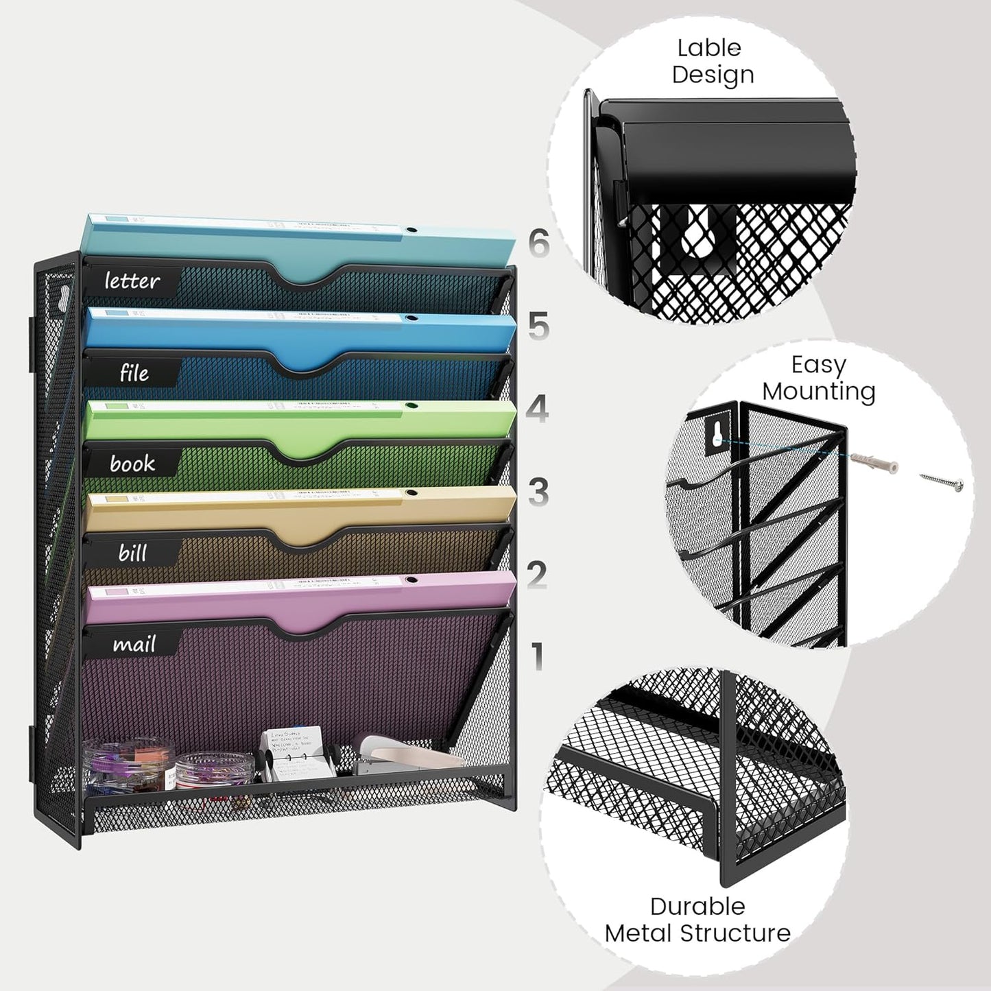 Hanging Wall File Organizer for Wall Mounted Mail Paper Folder Holder Document Organization Stand Desk File Organizer Tray for Office & Home Cubicle Countertop 6 Tier Black