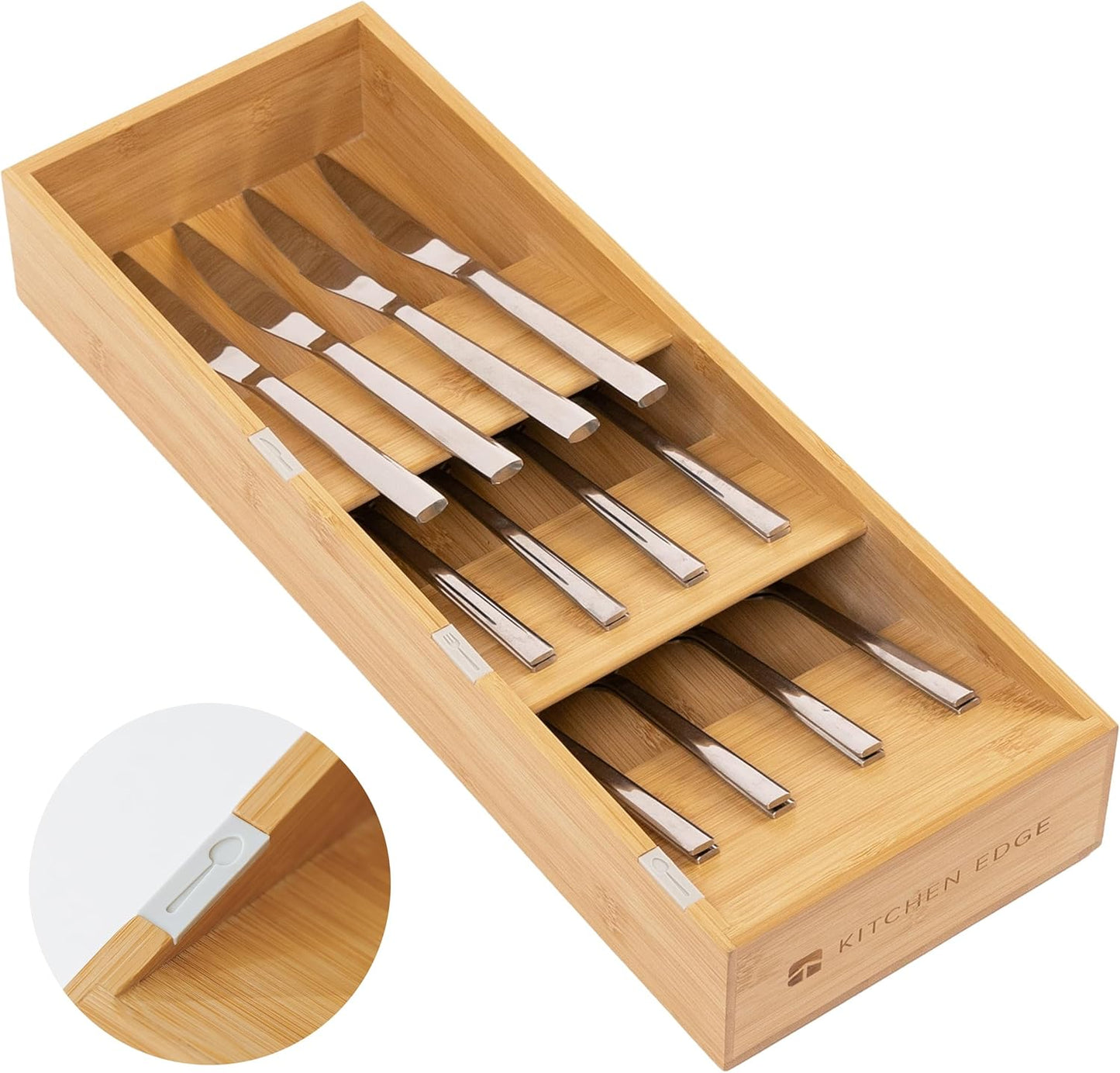 KitchenEdge Premium Cutlery, Flatware, and Silverware Drawer Organizer – Slanted 3-Compartment Design with Labeled Slots, Non-Slip Feet, 100% Sustainable Bamboo