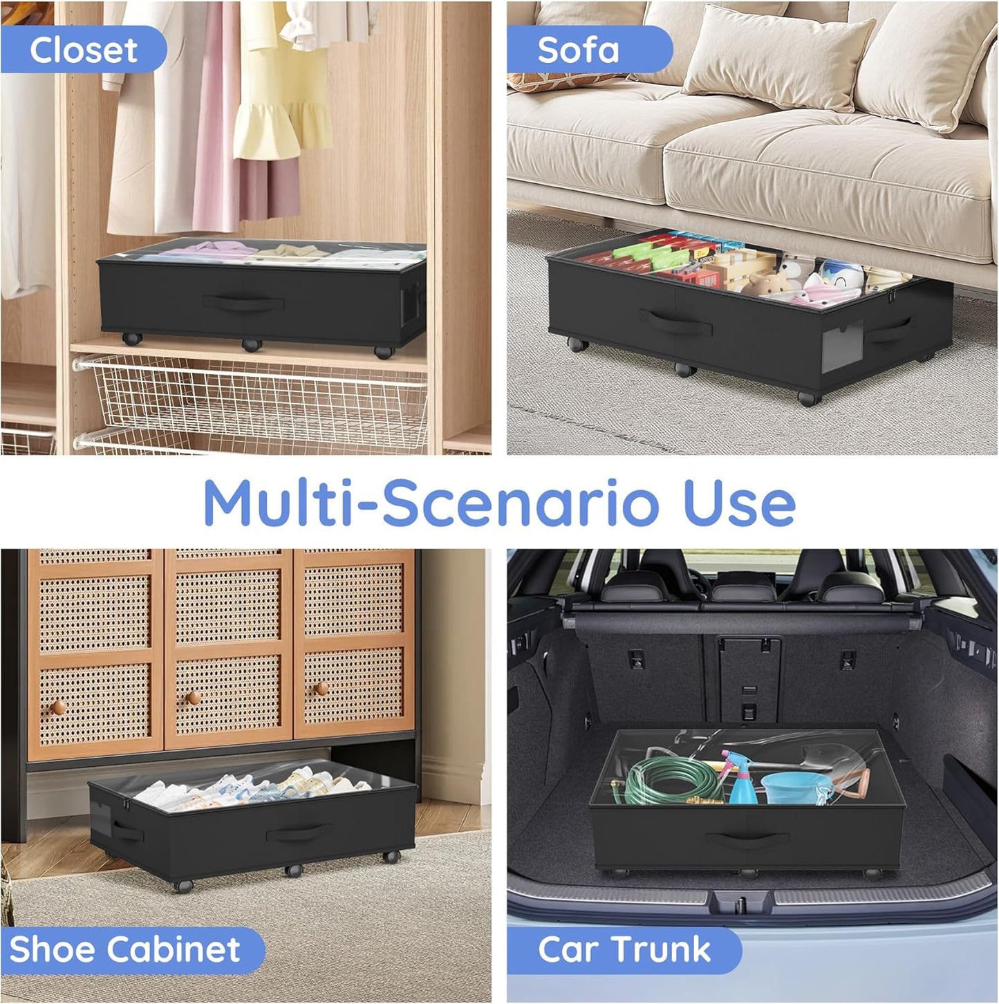Under Bed Storage with Wheels, 4-Pack Under Bed Storage Containers with Clear Lids, Under the Beds Storage Organizer Bins With Handles, Under Bed Drawer for Clothes, Shoes, Books, Toys