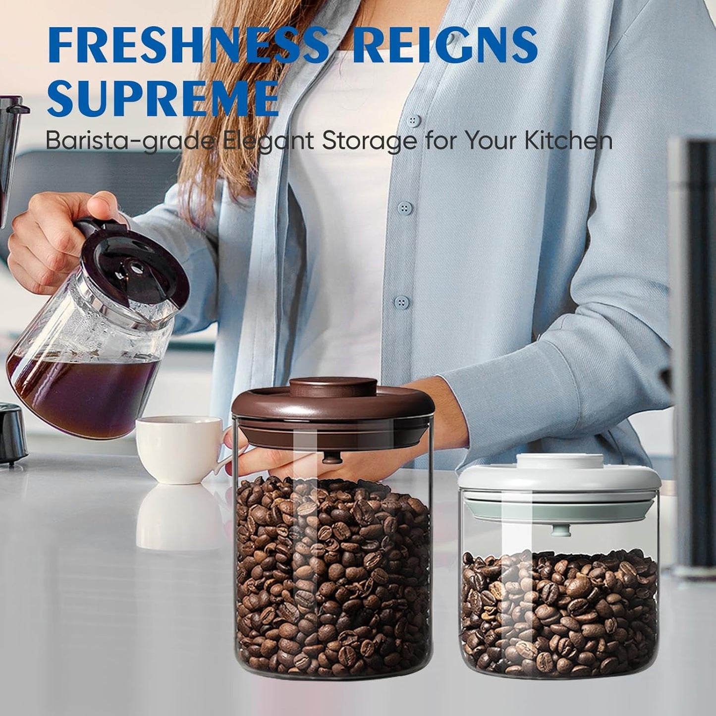 Coffee Container - Kitchen Food Storage Container with One-Way CO2 Valve, Press-on Lid Glass Coffee Canister with Scoop UV Protection for Grounds, Beans, 11 oz Brown
