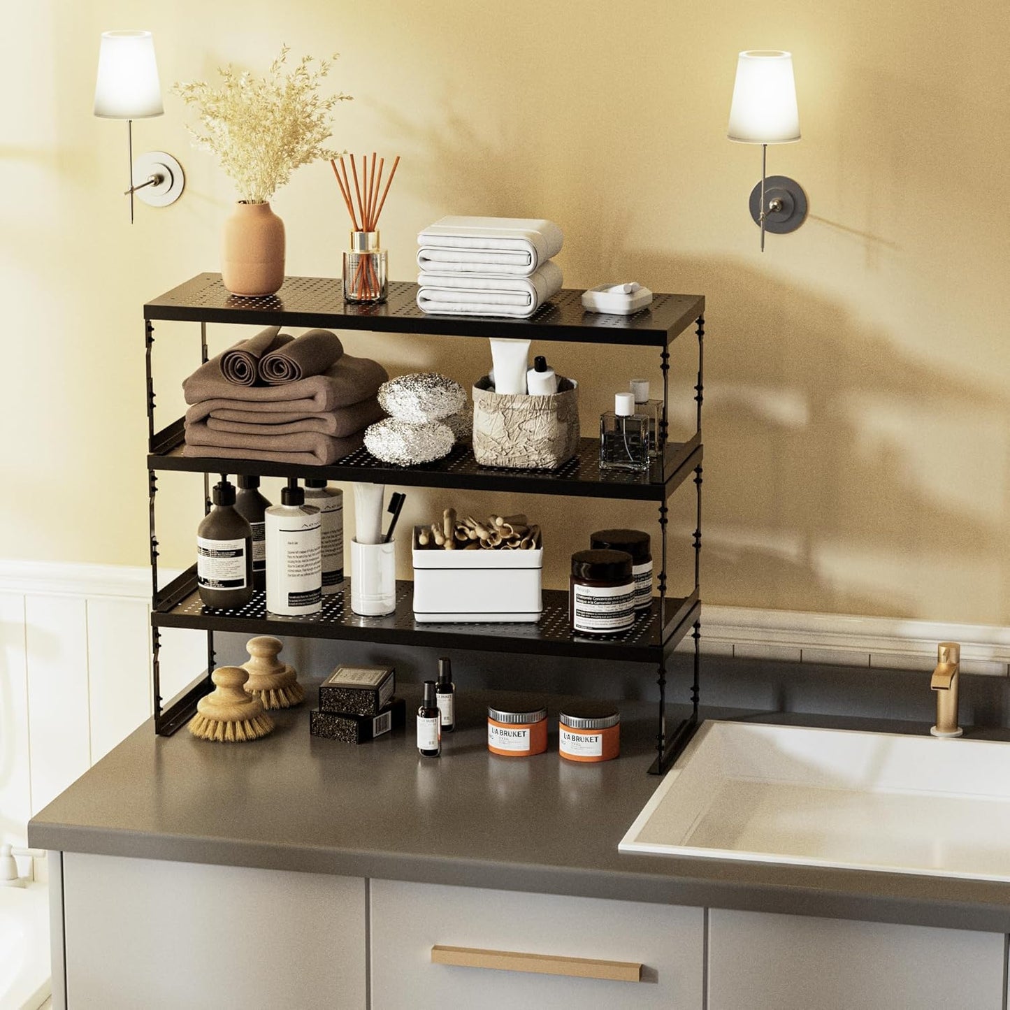 Adjustable Stackable Metal Storage Shelf Organizer - Expandable Wire Rack with Perforations for Kitchen, Pantry, Bathroom, Cabinet & Office-Compact, Durable & Sturdy (1PACK/Medium/Black)