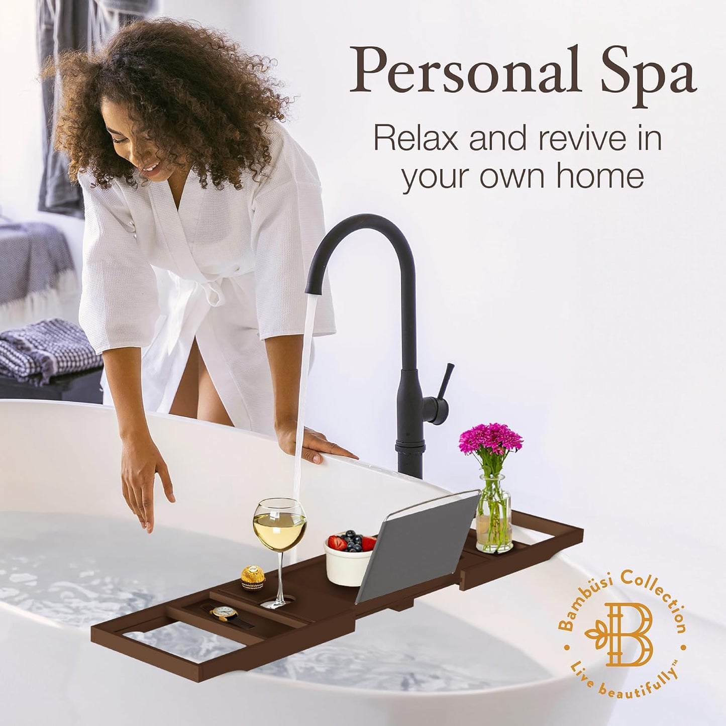 Bathtub Tray - Expandable Brown Bamboo Bath Tray for Tub with Wine Glass Holder, Book & Tablet Stand - Wooden Bathtub Caddy Tray for Bathroom Accessories, Spa Relaxation, Housewarming & Wedding Gift