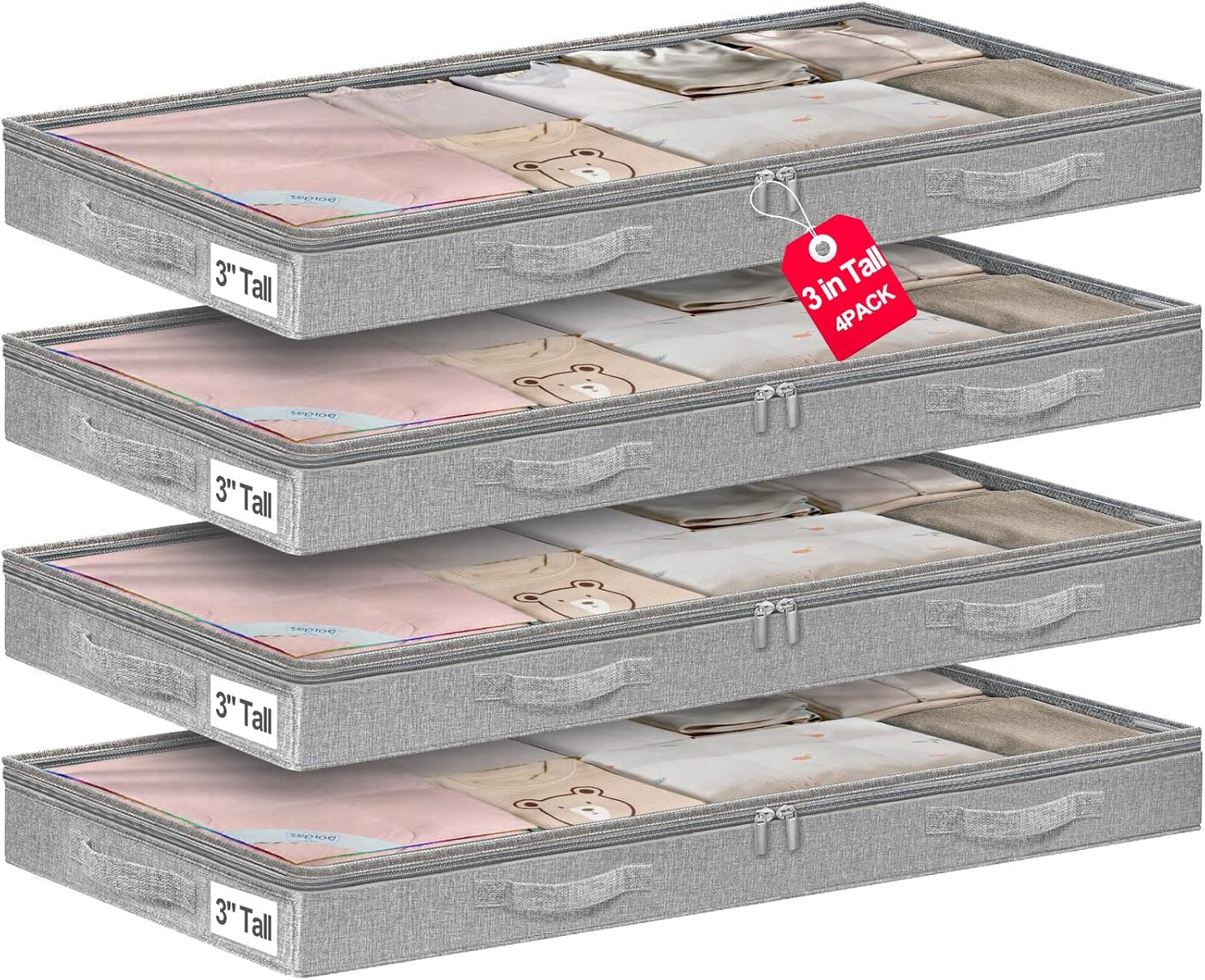 punemi 3-Inch Low Profile Under Bed Storage Containers，No-Structure, Soft Foldable Zippered Underbed Cloth Blanket Storage bins — Fits Under Crib, Couch，Sofa or Dorm bed, 4-Pack, 20x40x3in