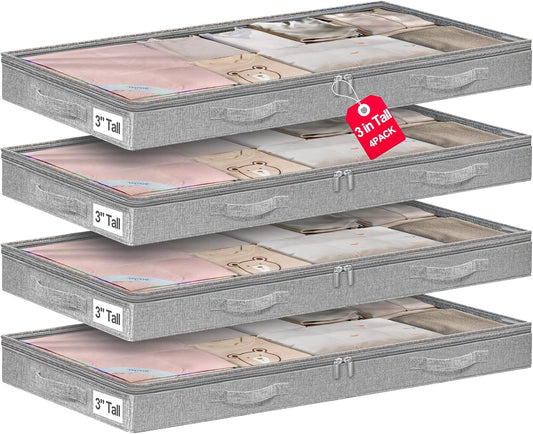 punemi 3-Inch Low Profile Under Bed Storage Containers，No-Structure, Soft Foldable Zippered Underbed Cloth Blanket Storage bins — Fits Under Crib, Couch，Sofa or Dorm bed, 4-Pack, 20x40x3in