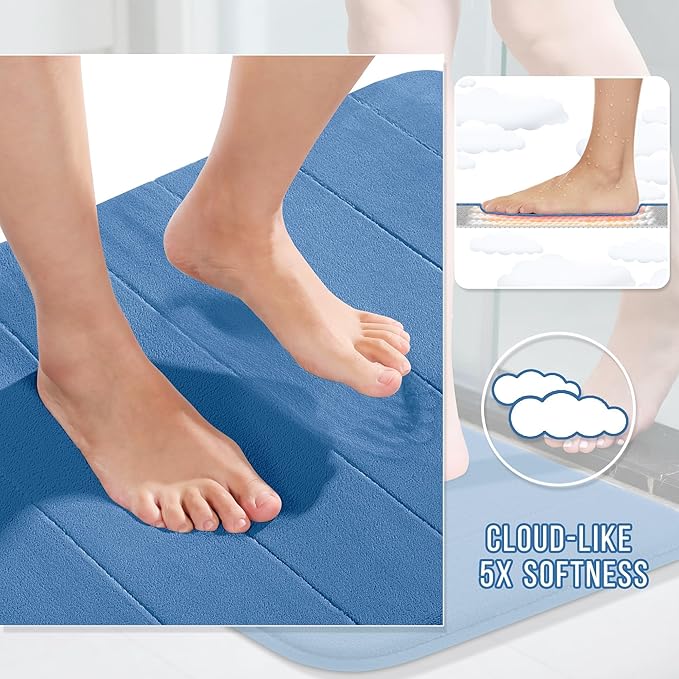 Yimobra Memory Foam Bath Mat, Super Soft Absorbent Bathroom Rug Non Slip, Quick Dry, Machine Washable Floor Carpet for Tub Shower, Home Decor Accessories, 24x17, Blue