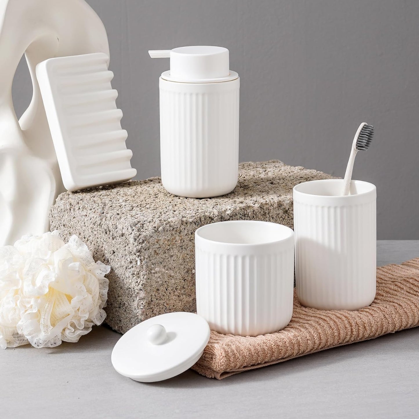 Ceramic Bathroom Accessories Set,Lotion Soap Dispenser and Toothbrush Holder Set, Soap Dish, Apothecary Jars,Rustic Farmhouse Decor, Bathroom Home Decor (White Set, Liquid)