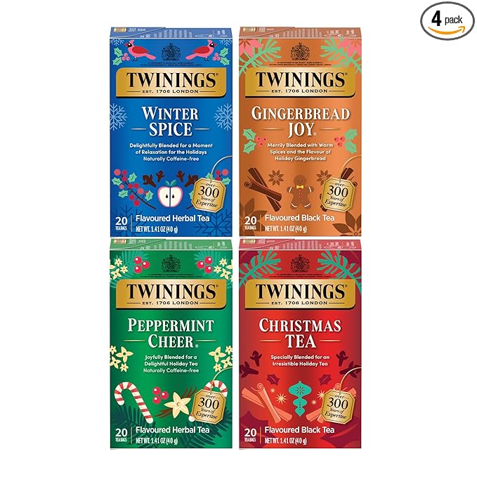 Twinings Holiday Variety Pack Tea Bags, Christmas Tea, Winter Spice, Gingerbread Joy, Peppermint Cheer, 20 Count (Pack of 4), Enjoy Hot or Iced, 80 Teabags
