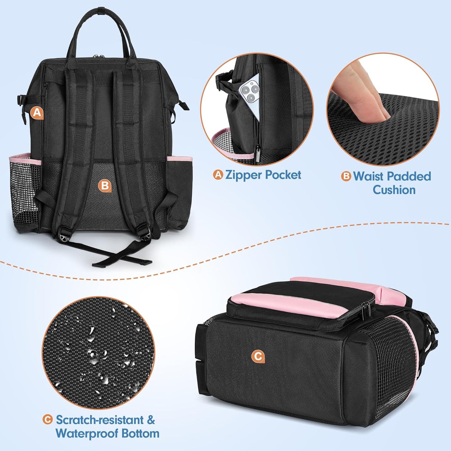 LoDrid Heavy Duty Cleaning Supplies Bag with Steel Frame Top, Large Cleaning Caddy with Adjustable Shoulder Straps and Multiple Pockets for Housekeeping Work, Pink, Bag Only, Patent Designed