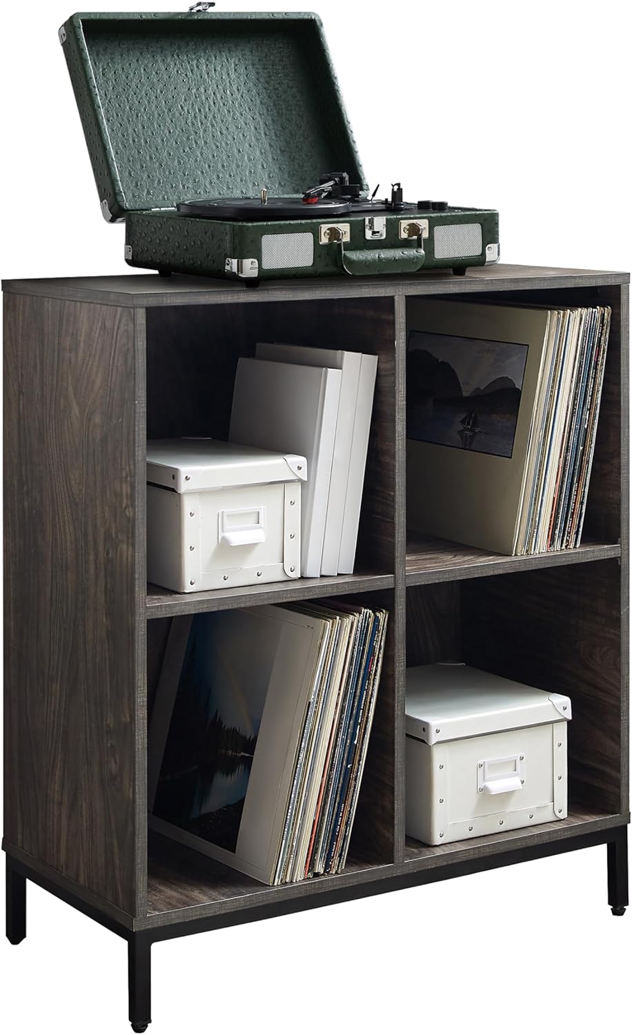 Crosley Furniture Jacobsen Storage Cube Bookcase and Record Player Stand with Vinyl Records Holder, Brown Ash