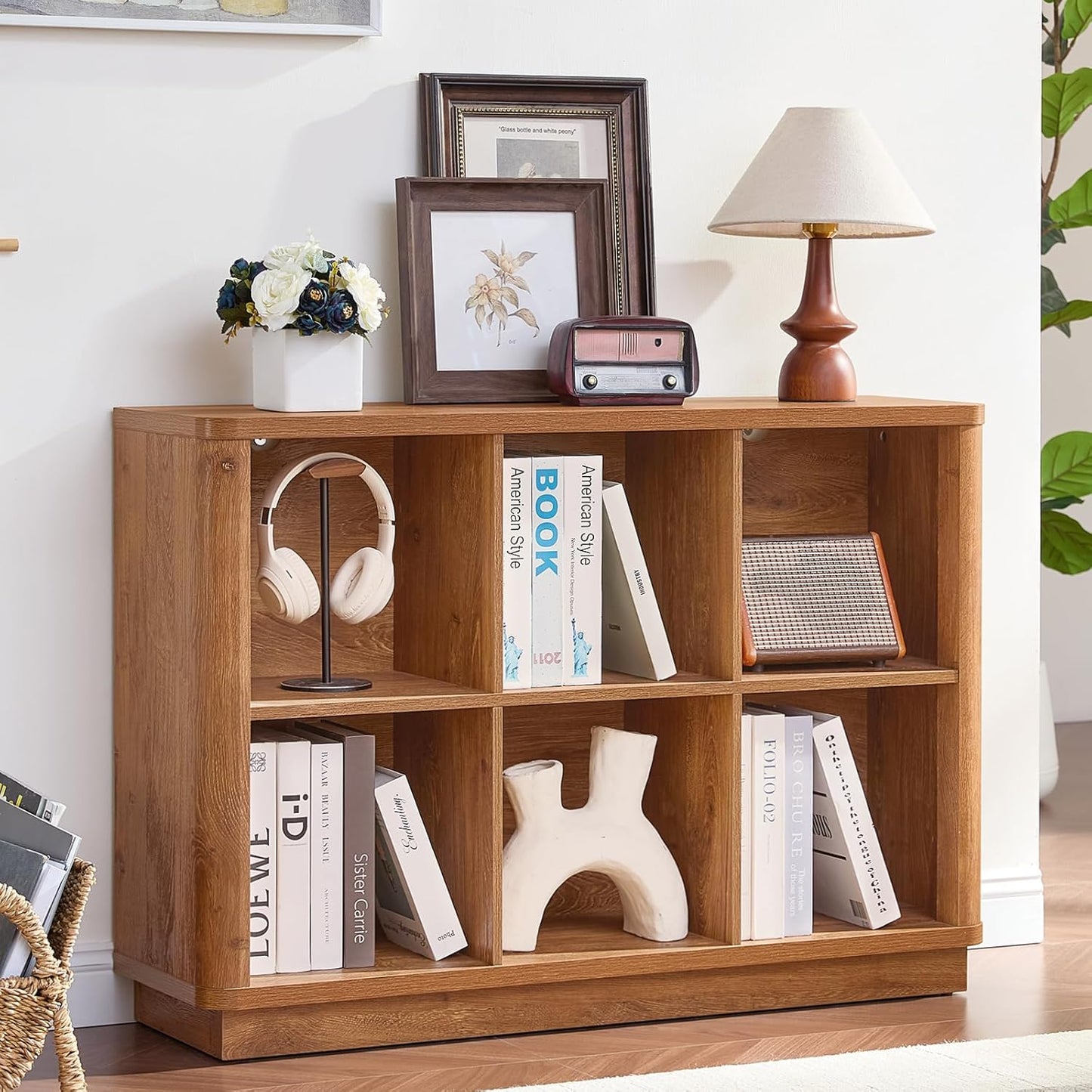 6 Cube Storage Book Shelf, 40" Wide Low Horizontal Bookcase with Curved Edge, Floor Standing 2-Tier Wooden Bookshelf with Base, Modern Short Book Case for Bedroom, Study, Entryway, Brown