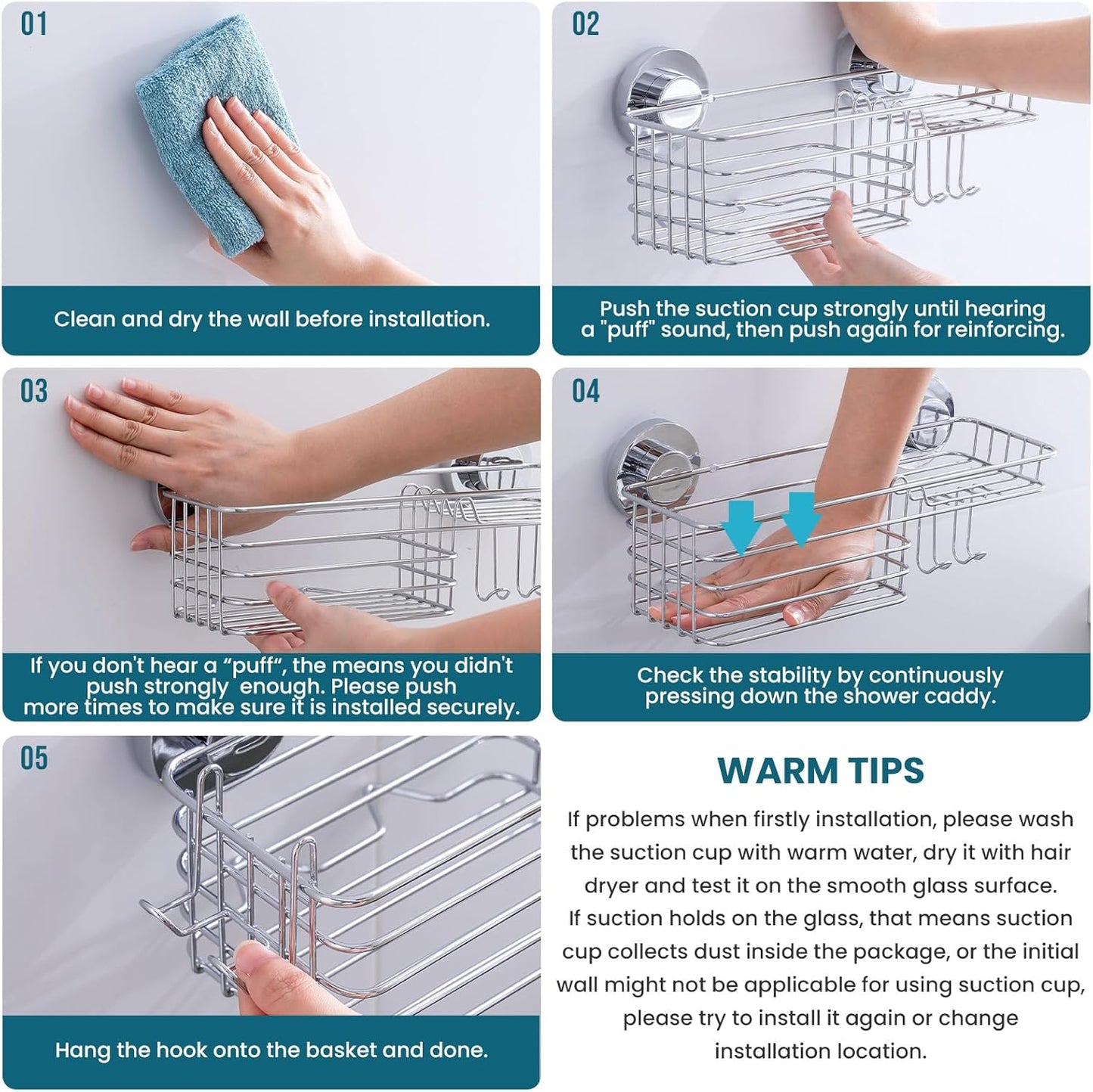TAILI Shower Caddy Suction Cup with Hooks & Soap Holder, Heavy Duty Bathroom Shower Organizers, Removable Shower Shelves for Inside Bathroom,Stainless Steel Silver Basket