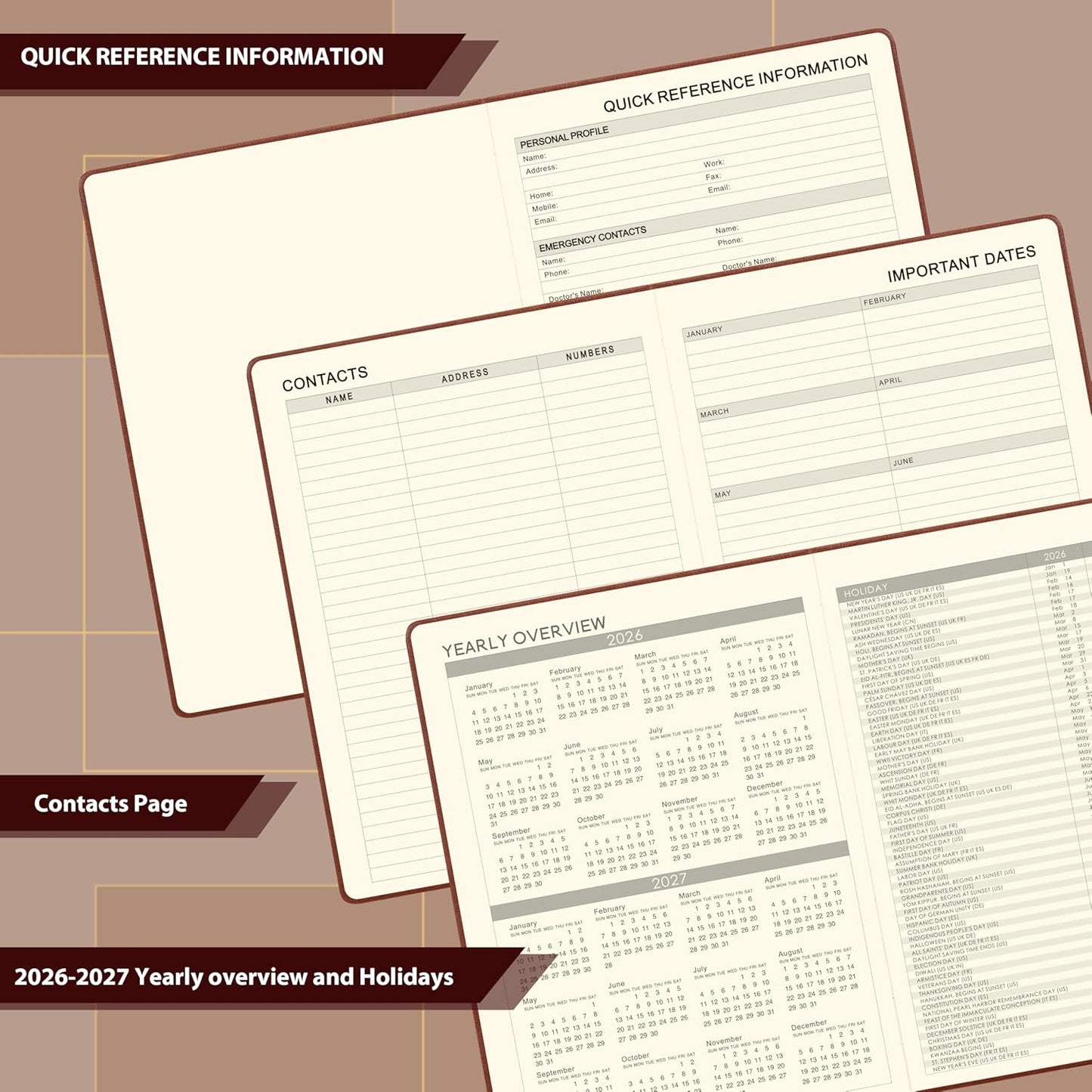 Vondafe 2026 Planner - Weekly and Monthly Planner 2026, Jan.2026 - Dec.2026, 9" x 11", 2026 Calendar Planner with Inner Pocket + Elastic Closure + Pen Loop + Bookmarks, Leather Hardcover - Brown