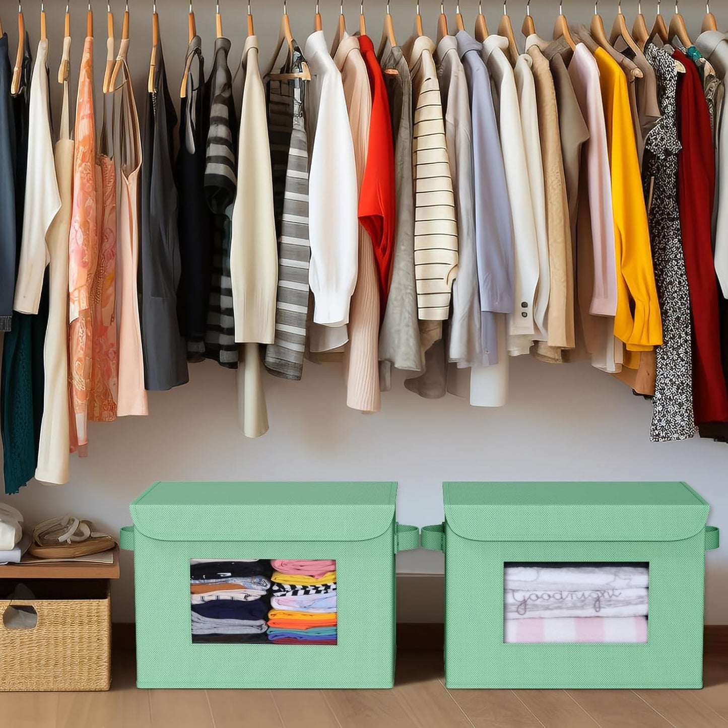 Univivi Collapsible Stackable Storage Bins with Lids [4-Pack] Foldable Fabric Closet Organizer Basket, Closet Organizers and Storage Cube Storage Bin for Home, Office, Bedroom (Green)