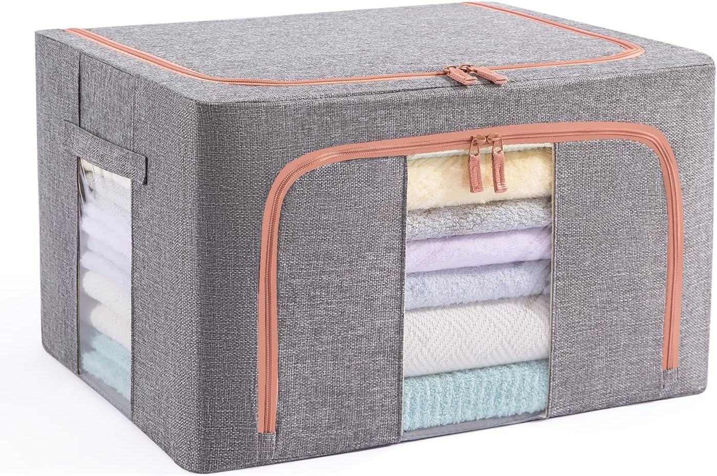 66L Stackable Clothes Storage Bins with Metal Frame Handles & Zipper, Collapsible Closet Organizer Box with Lid for Bedding Blankets Towel (Grey,1 pack)