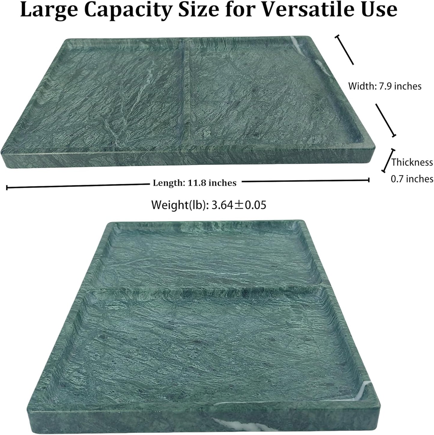 11.81"x7.87" Marble Decorative Tray with 2 Compartments – Catchall Organizer for Jewelry, Soap, Cosmetics – Polished Green Stone Vanity Tray for Bathroom, Dresser, Entryway, Office Decor