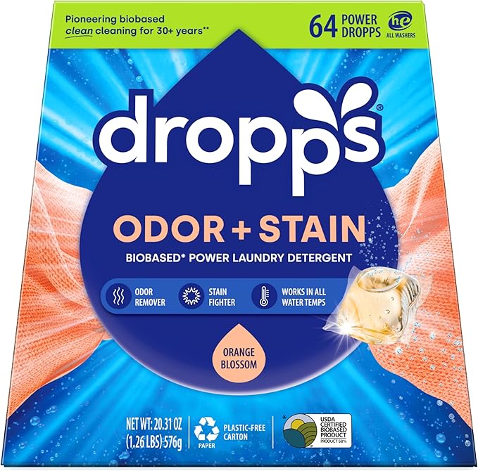 Dropps Odor & Stain Biobased Power Laundry Detergent Pods, Orange Blossom HE Compatible Laundry Pods for Fresh Clothes – Laundry Soap Supplies & Recyclable Paperboard Packaging