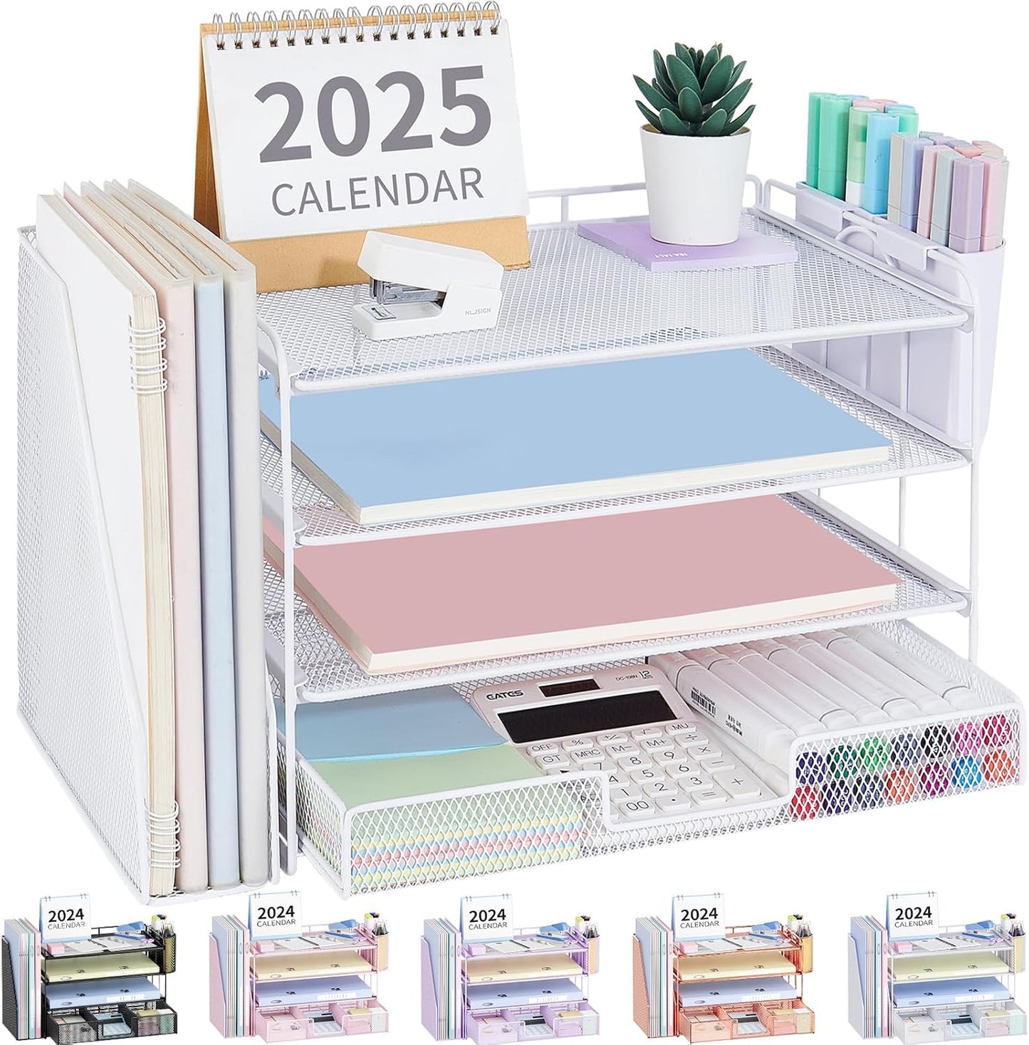 Desk Organizer and Accessories, 4-Tier Desktop File Organizer with Drawer and 2 Pen Holders, Office Desk Accessories, File Sorters, Workspace Organizers for Office Supplies(White)
