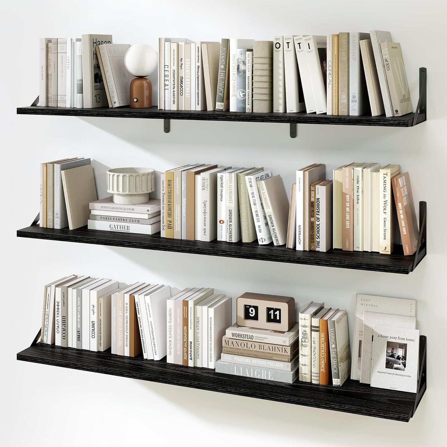 Fun Memories Extra Long Floating Wall Shelves, 48 x 8 Inches, Set of 3 Large Wood Floating Bookshelves with Metal Brackets for Storage & Display (Black)