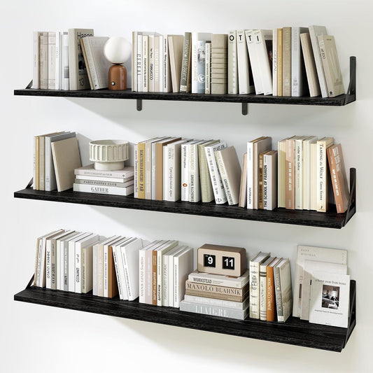 Fun Memories Extra Long Floating Wall Shelves, 48 x 8 Inches, Set of 3 Large Wood Floating Bookshelves with Metal Brackets for Storage & Display (Black)