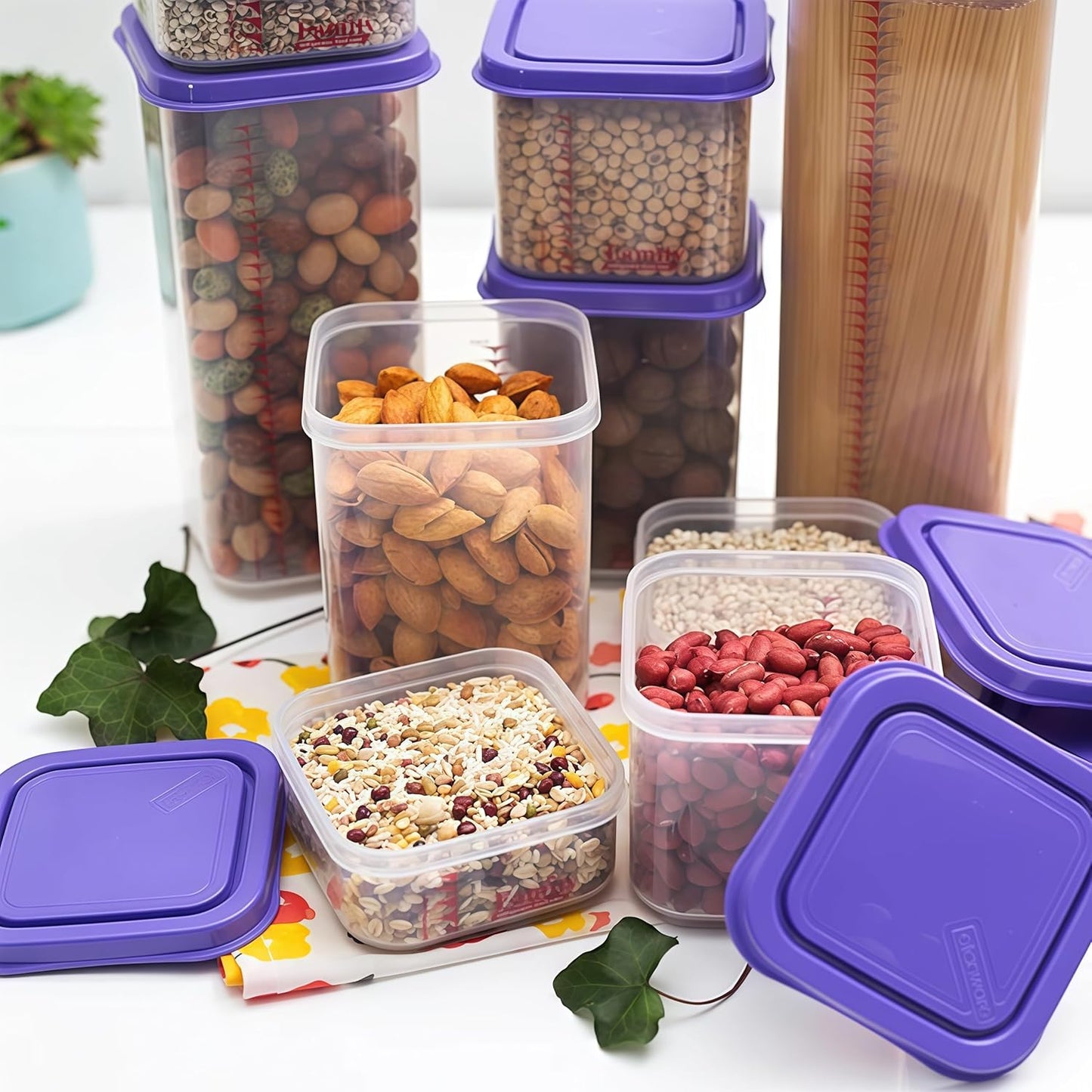 Airtight Food Storage Container With Lids 9PCS Family Set, BPA-Free Food-grade Plastic Stackable Leak-proof Kitchen Pantry Organizers for Pasta, Nuts, Dry Goods, Snack,Modular Design (Purple)