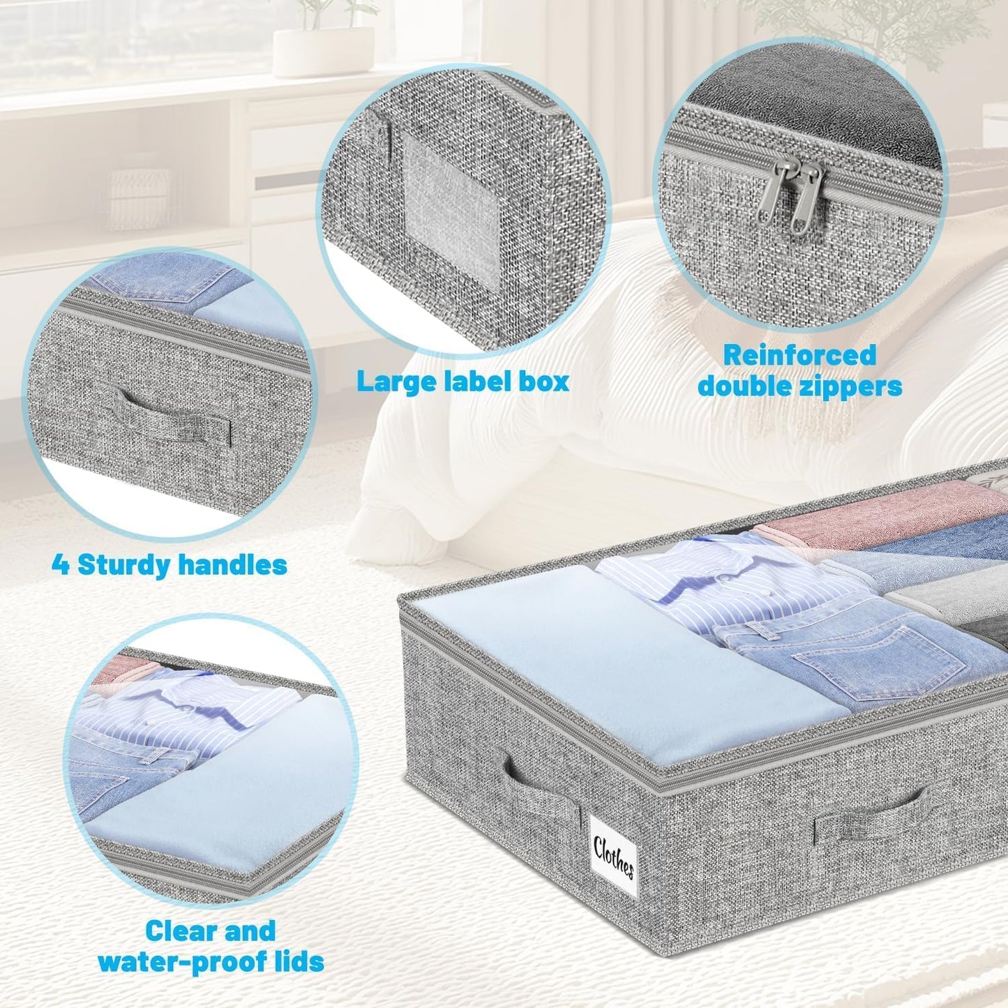 4 Pack 100L Under Bed Storage Containers, Low Profile Closet Organizers and Storage Bins for Dorm, Foldable Underbed Bag for Clothes, Blanket, Sheets, Wrapping Paper, Clear Window & Dual Zippers, Grey