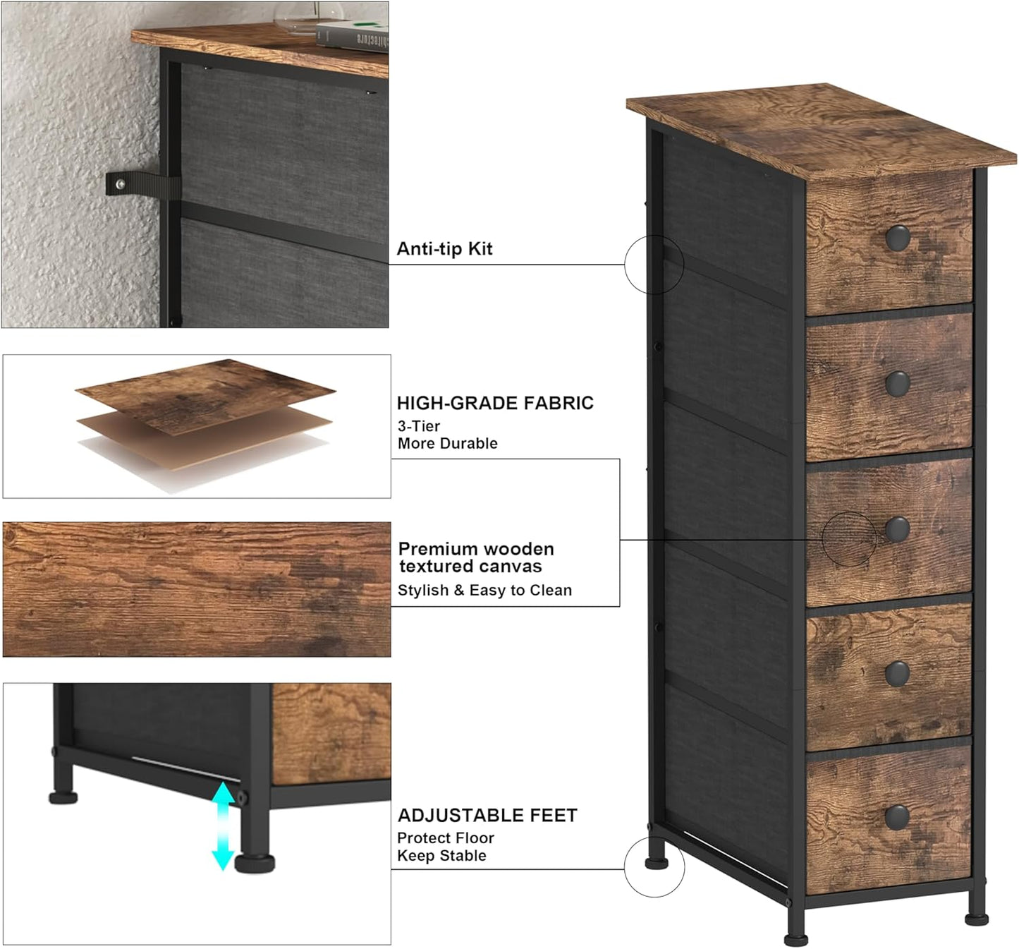 GiftGo Narrow Dresser Vertical Slim Dresser Chest of Drawers Skinny Storage Tower for Small Spaces Gaps Closet Bedroom Bathroom Small Fabric Drawer Unit (Rustic Brown, 5 Drawers)