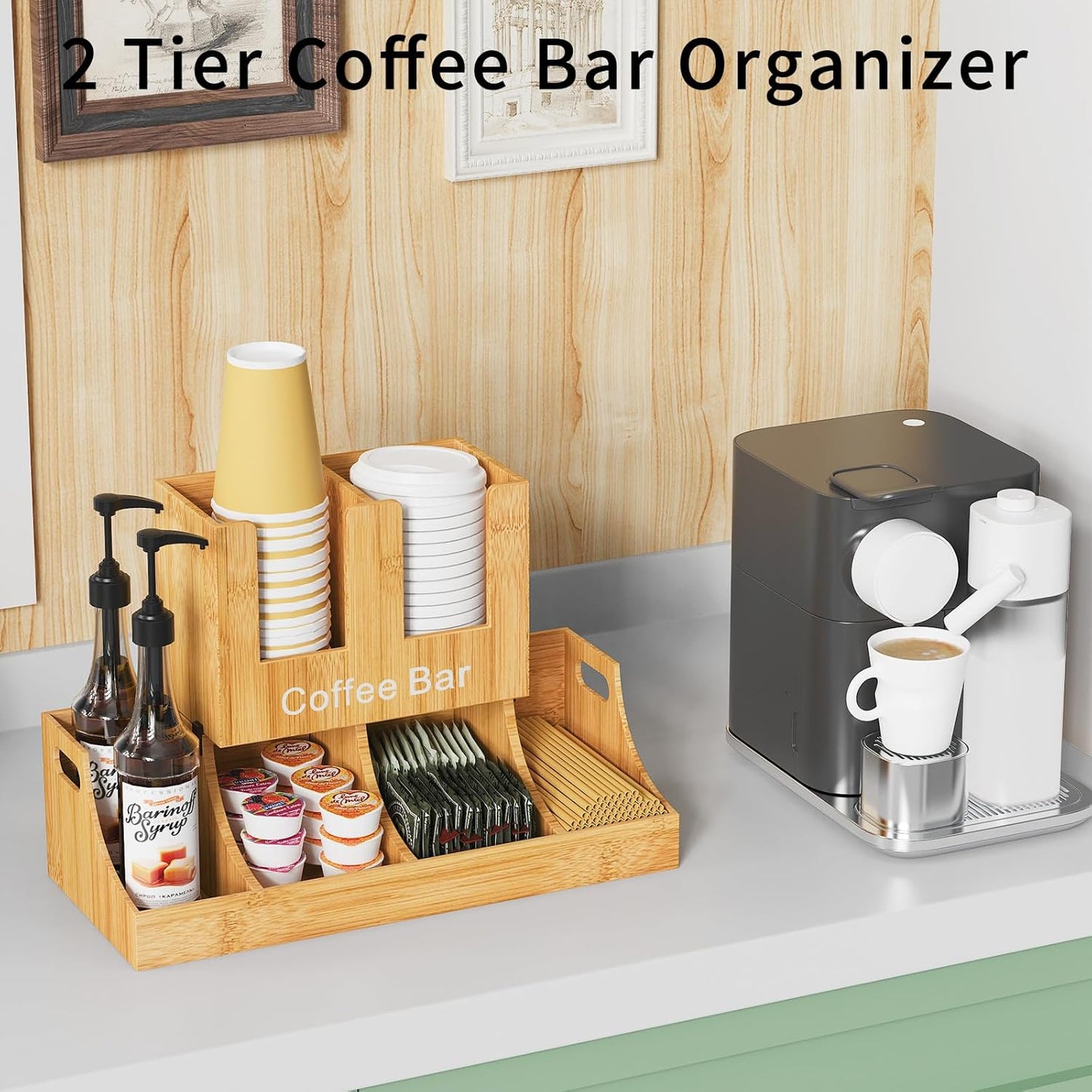 Coffee Station Organizer, Bamboo Coffee Bar Organizer for Countertop, Condiment and Cup Storage Organizer, Bar Accessories for Kitchen, Office, Home, Brown