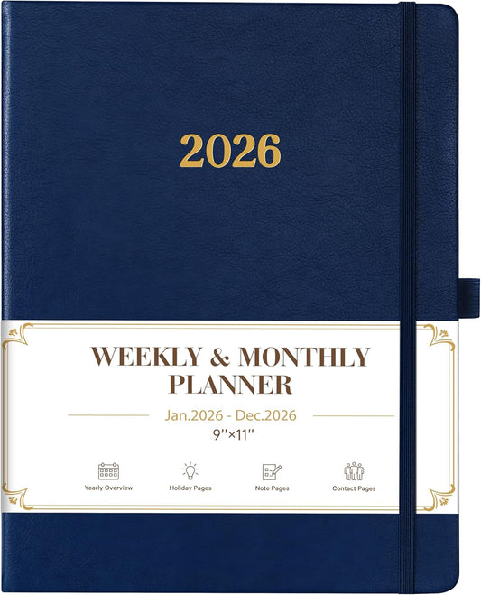 2026 Planner - Planner 2026, Leather Calendar Weekly and Monthly, 9"x11", Jan 2026 - Dec 2026, Leather Hardcover, Pen Loop, Elastic Closure, Pocket - Navy