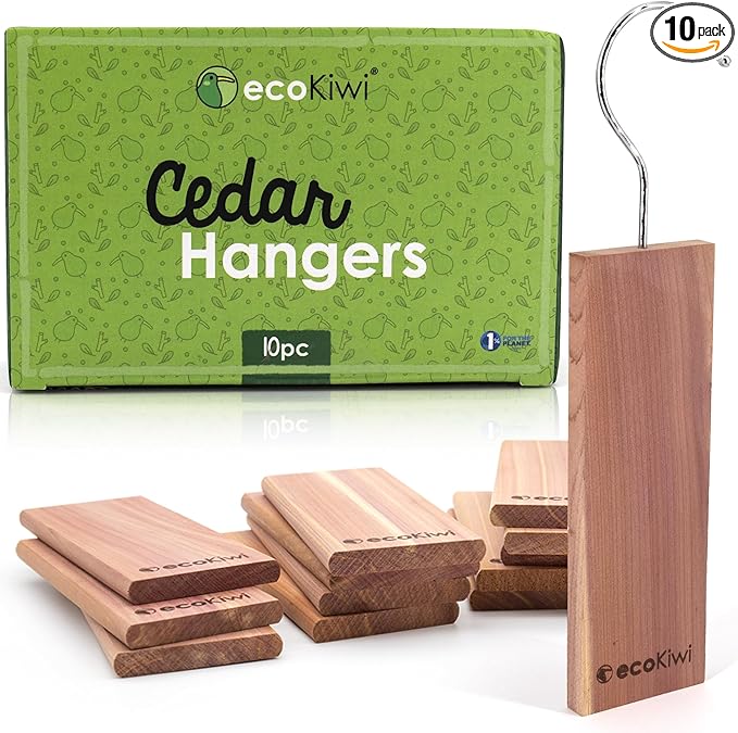 ecoKiwi Cedar Blocks for Clothes Storage - 10 Pack Hang Ups - 100% Natural Aromatic Cedar Planks for Closets and Drawers - Cedar Wood Hangers Balls Chips with Sandpaper - Cedarwood Scented Freshener