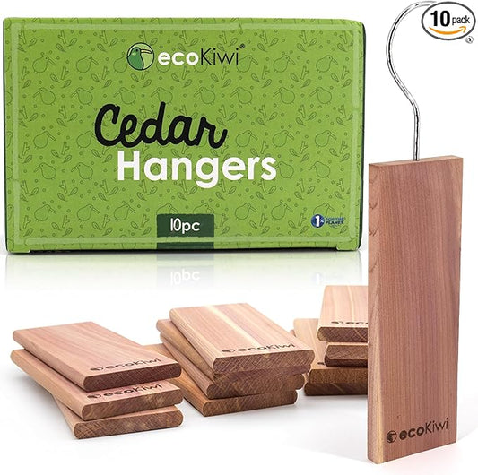 ecoKiwi Cedar Blocks for Clothes Storage - 10 Pack Hang Ups - 100% Natural Aromatic Cedar Planks for Closets and Drawers - Cedar Wood Hangers Balls Chips with Sandpaper - Cedarwood Scented Freshener