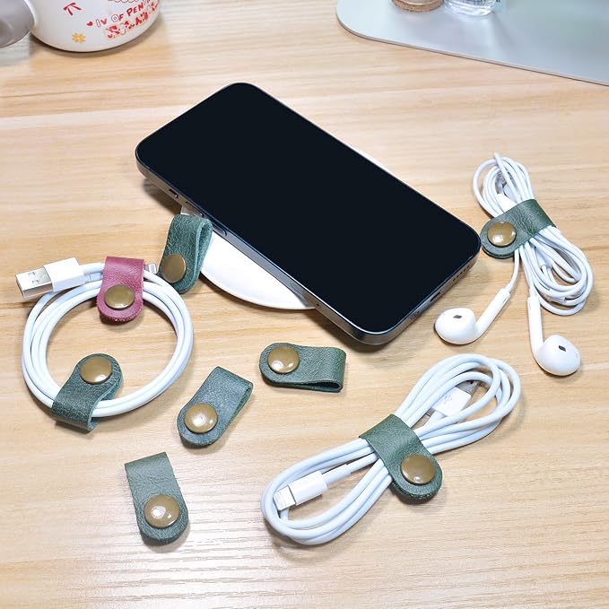 CAILLU Cord Organizer,Cord Keeper,Cable Organizer USB Holder,Cable Management,Cable Straps,Earbud case,wrap Headset Winder,Phone Earphone Clips Ties (Dark green Cord Organizer)