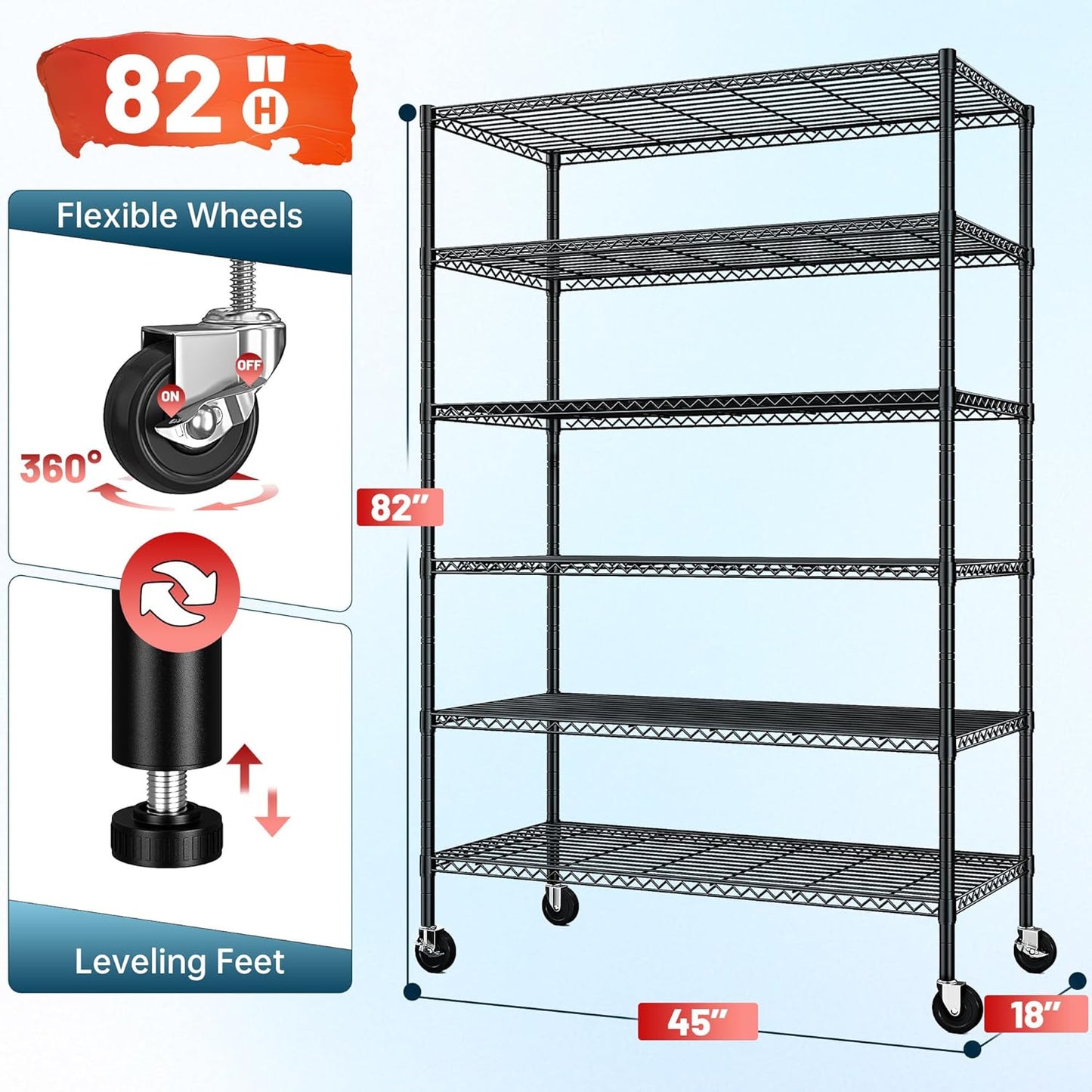 82" H X45 W X18 D Storage Shelves with Wheels, 6 Tier Wire Shelving Adjustable Metal Shelving Pantry Shelves Capacity 1200LBS for Garage Shelving, Pantry, Kitchen, Closet, Black,2P