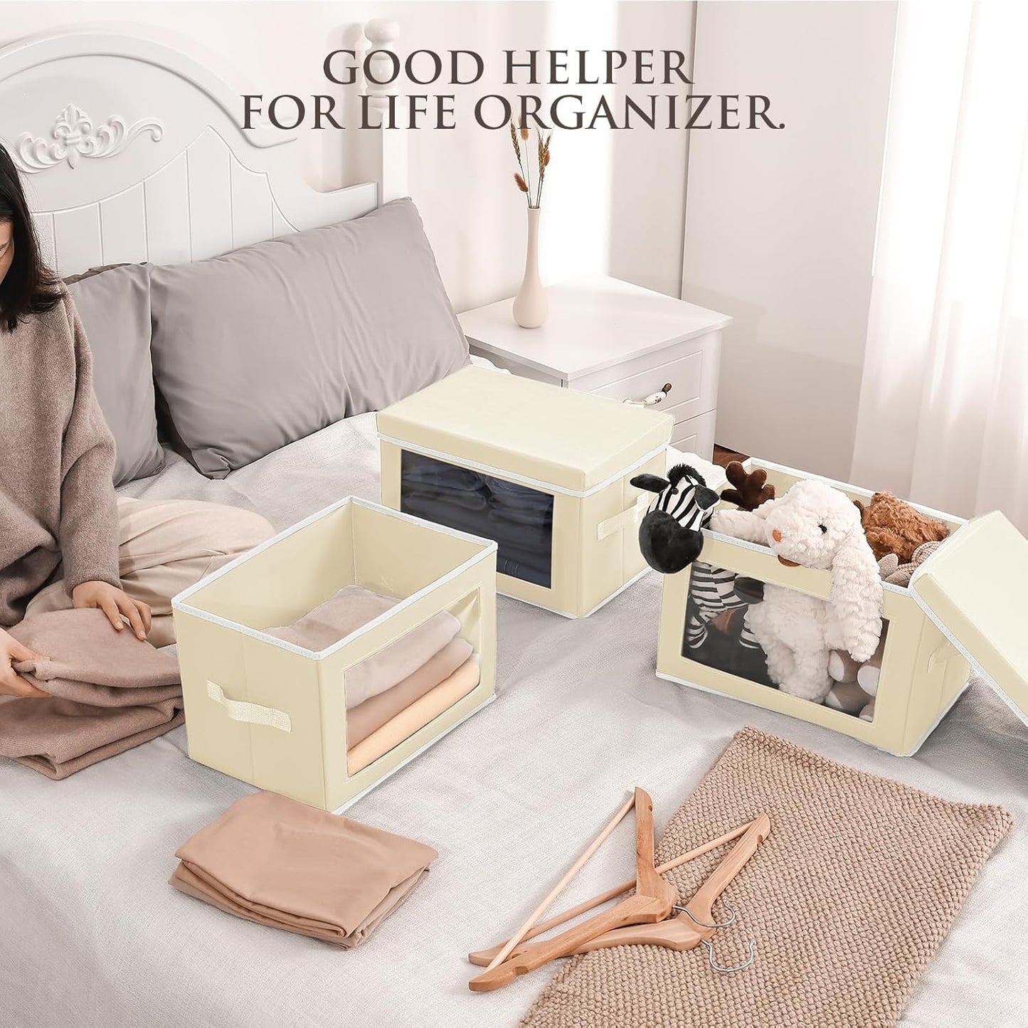 Fabric Storage Bins with Lids, Storage Cubes with Window, Decorative Storage Boxes Baskets for Organizing, Closet Organizer Storage Bins for Home, Office, 3 Packs, Beige