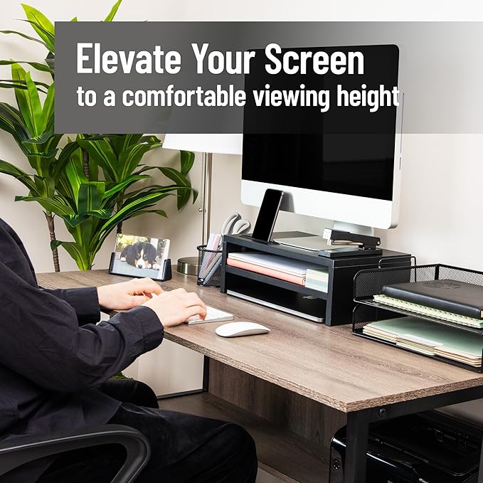 Mind Reader Monitor Stand with Phone Slot and Storage Shelf, Desktop Riser, 88 lb Capacity, MDF Wood, Black