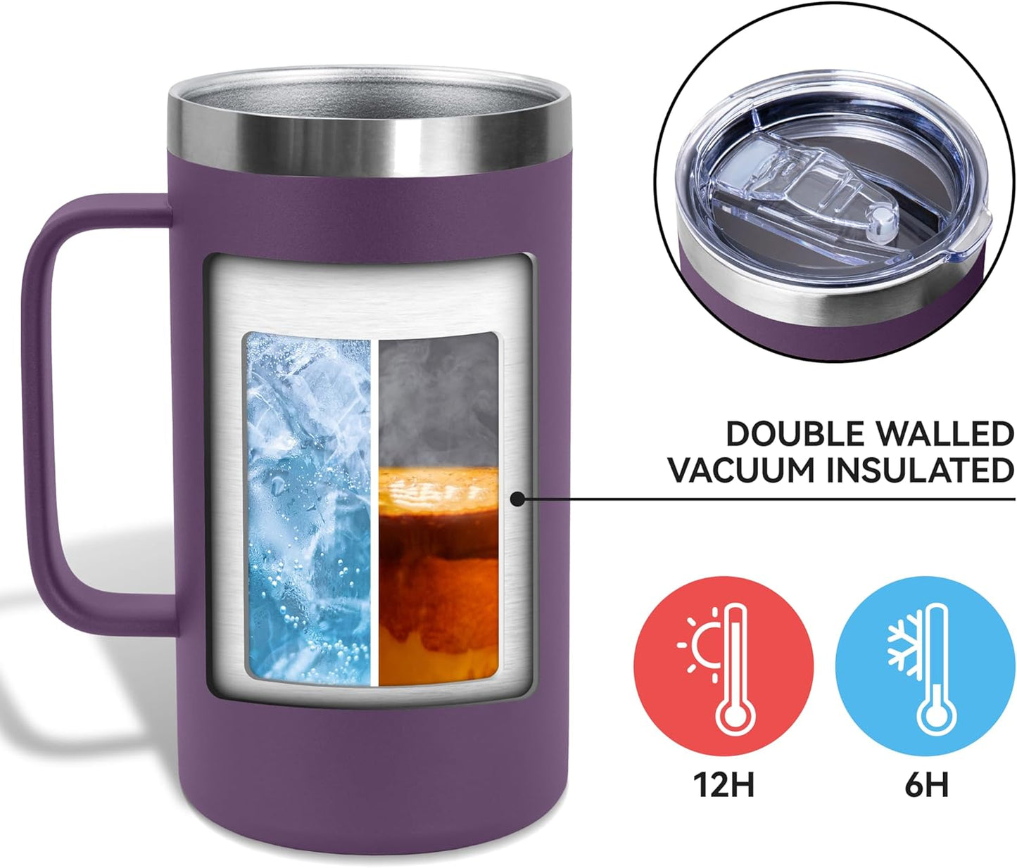 DOMICARE 24oz Mug with Handle and Lid, Stainless Steel Coffee Mug, Travel Mug with Handle, Double Wall Vacuum Coffee Tumbler, Reusable Insulated Cup, Dark Purple, Pack 8