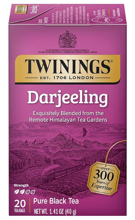 Twinings Darjeeling Black Tea Individually Wrapped Bags, 20 Count (Pack of 1), Delicate Light Taste, Caffeinated, Enjoy Hot or Iced, 20 Teabags