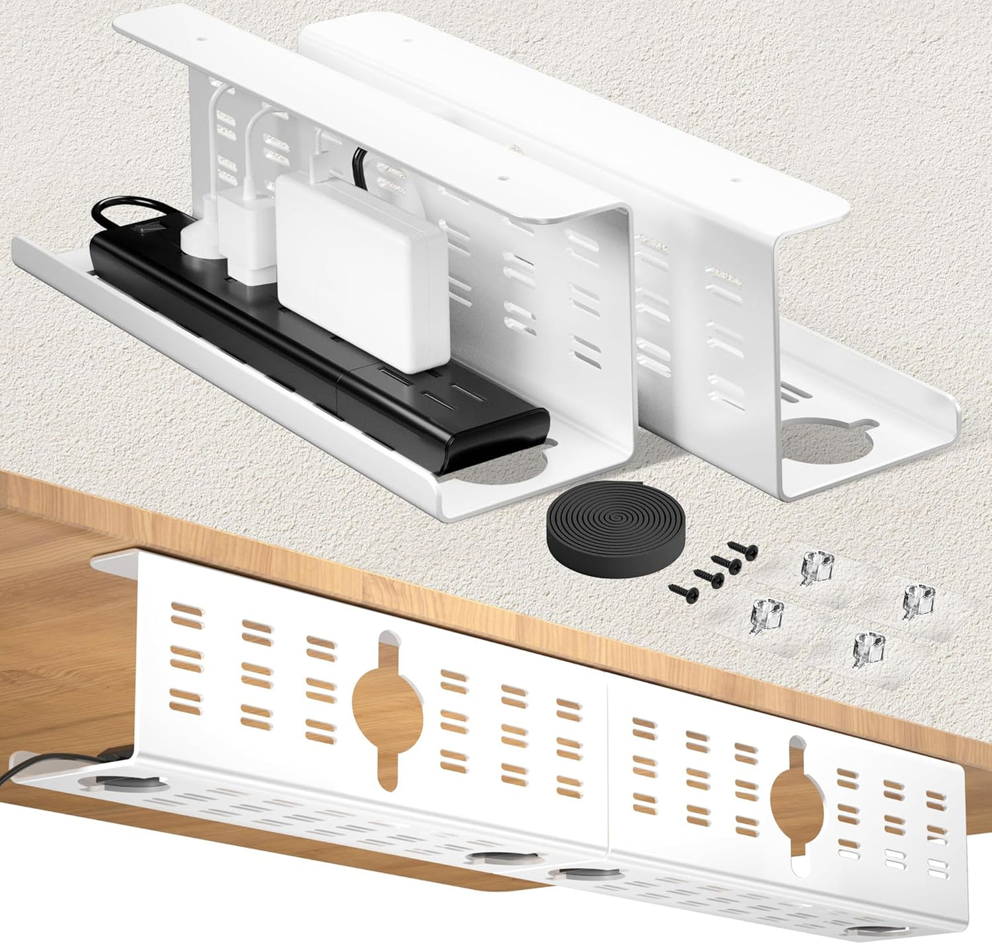 2 Pack Cable Management Under Desk White, Cinati 32" Large Cable Management Tray, Under Desk Alloy Steel Wire Organizers, Cord Hider Tray for Office and Home - Tape or Screw Installation