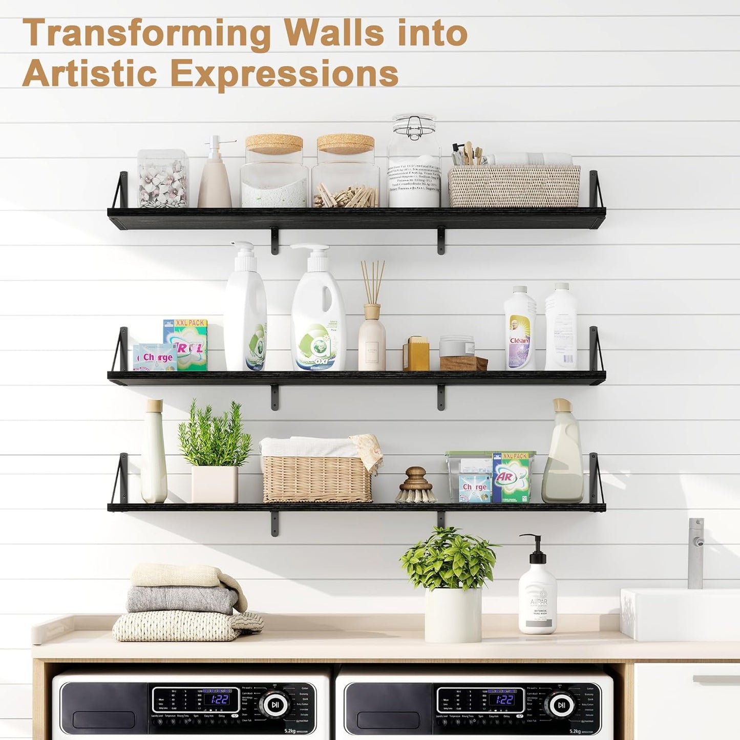 Fun Memories Extra Long Floating Wall Shelves, 48 x 8 Inches, Set of 3 Large Wood Floating Bookshelves with Metal Brackets for Storage & Display (Black)