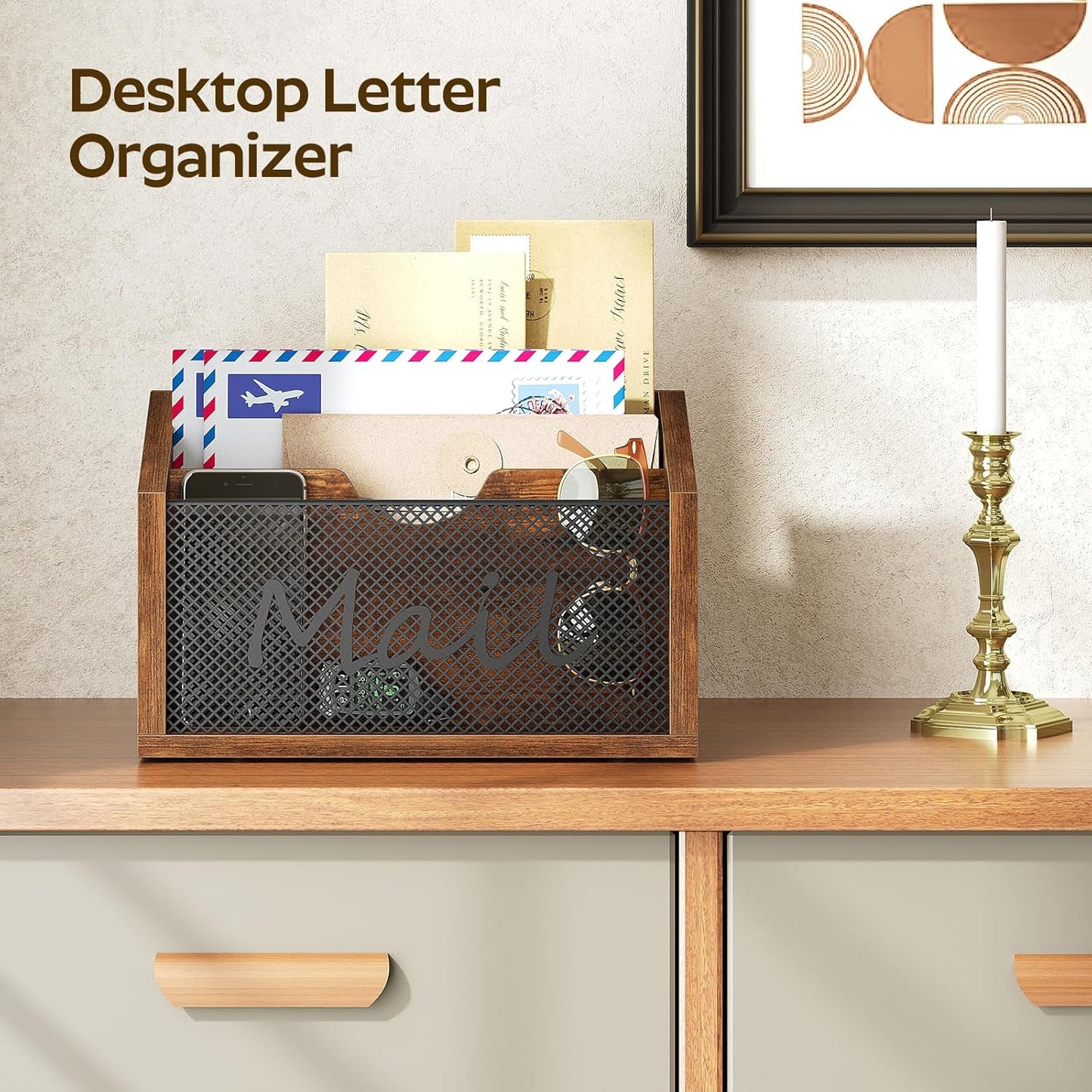 Mail Organizer Countertop, Mail Holder with 3 Slots, Mail Sorter for Desk, Wooden Office Desk Organizer, Mail Organizer for Magazines, Files, Papers, Folders, Rustic Brown and Black MR03BR