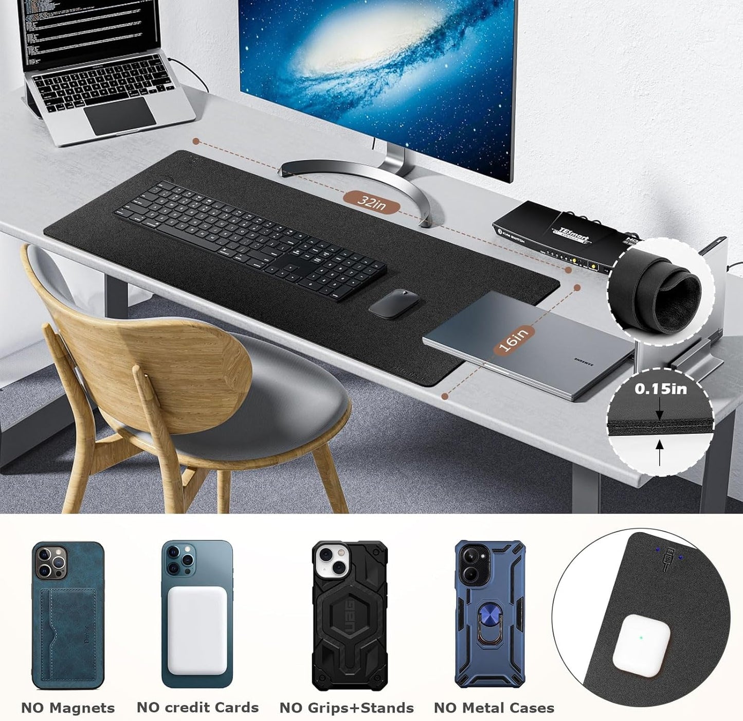 Wireless Charging Mouse Pad Firelison 2 in 1 Leather Multifunctional Office Desk Pad with Non-Slip Rubber Base, Waterproof Desk pad for Computers/Office/Work/Home/Decor（ 32" x 16"Black - L）