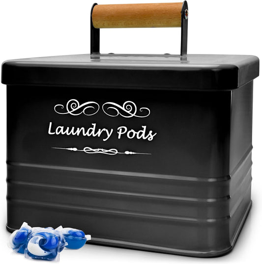 ELITAPRO Modern Farmhouse Laundry Pods Container - Metal Detergent Pods Holder with Lid for Laundry Room Decor & Accessories - Organization & Storage