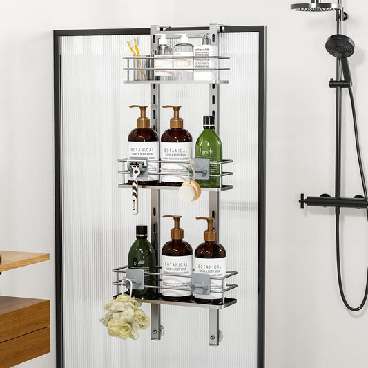 Orimade Adjustable Hanging Over the Shower Door Caddy with Hooks, Bathroom Organizer Shelf Storage Rack,No Drilling Rustproof Basket for Inside Shower, Sliver 3 Tier