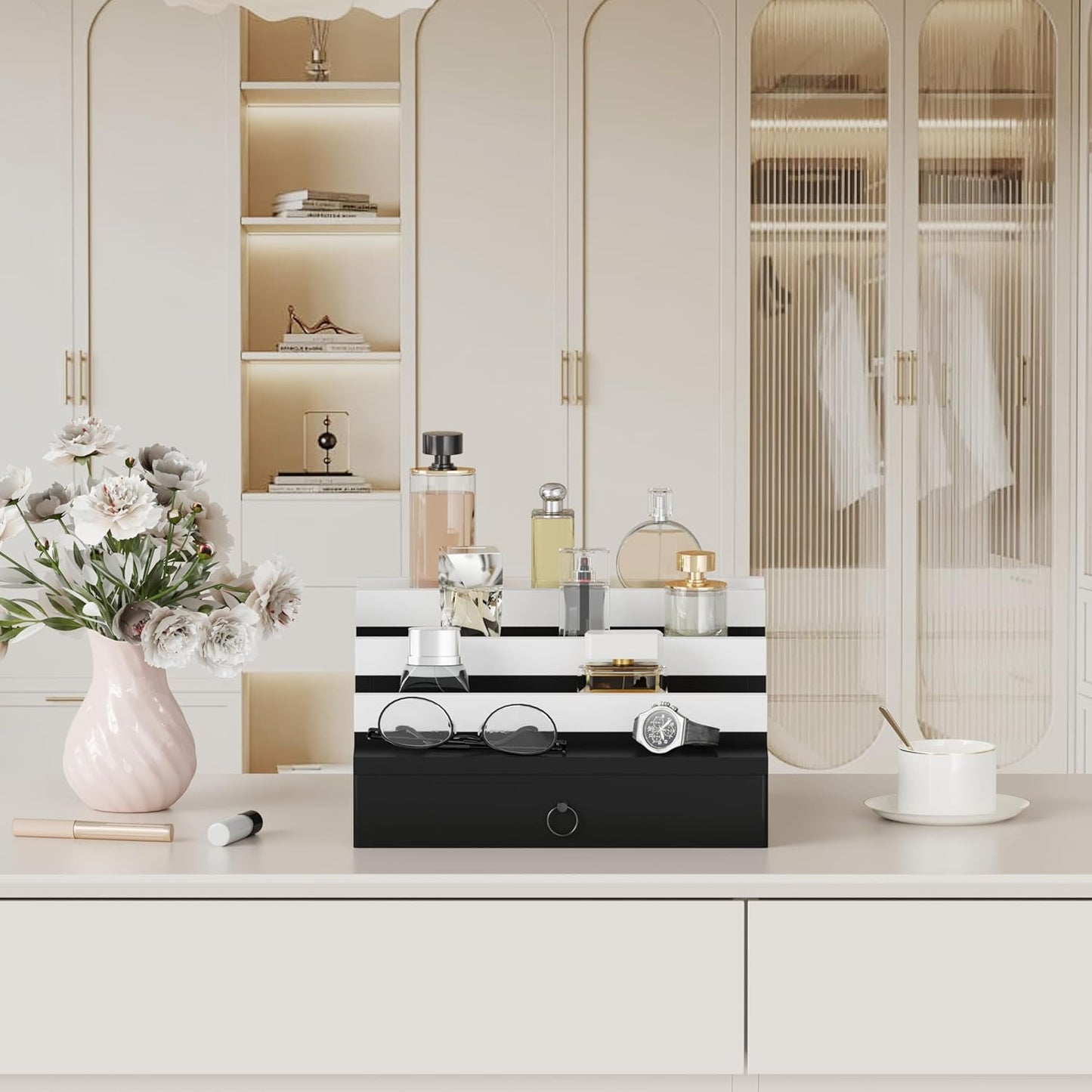 Blisse Cologne/Perfume Organizer, 4-Tier Storage Drawer with Hidden Compartments, Soft-Lined Display Case (Black with White)