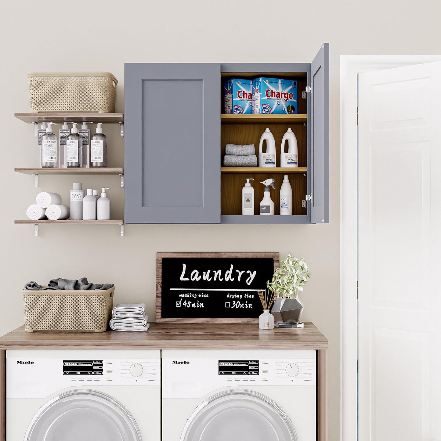 36 Inch Laundry Room Cabinets Wall Mounted, Solid Wood Over The Toilet Storage Cabinet, Bathroom Organizer Cabinets with 2 Door & Shelves, Easy to Assemble for Kitchen, Garage - Dark Gray