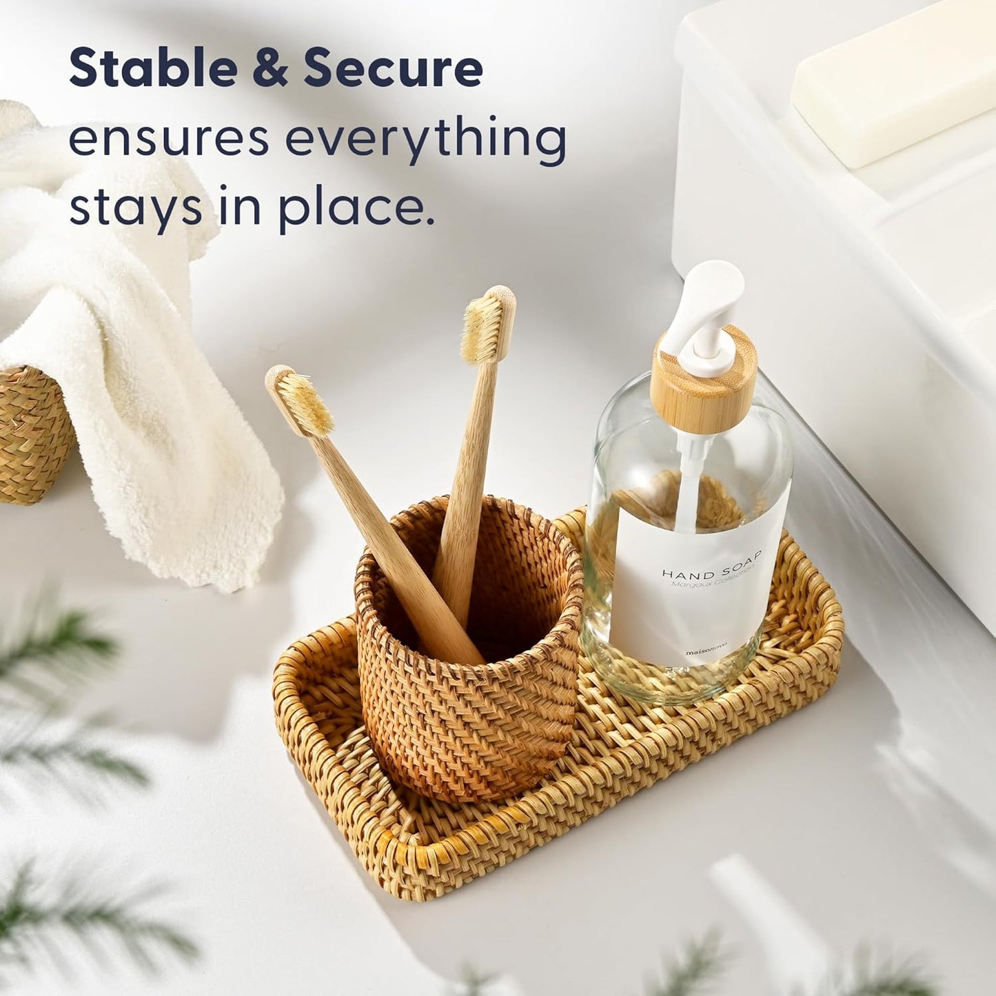 MaisoNovo Rattan Bathroom Set - Clear Countertop Dispenser, Toothbrush Holder & Toothpaste Cup with Tray - Set of 3 - Rattan Bathroom Vanity Trays Rectangle for Storage