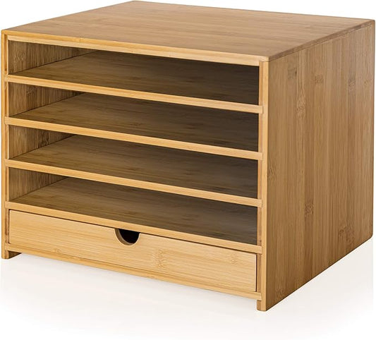 Prosumer's Choice Bamboo Four Cubby Paper Letter Tray Organizer with Single Pull-Out Drawer for Home and Office | Desktop Organizer with Drawer - Natural Bamboo Color