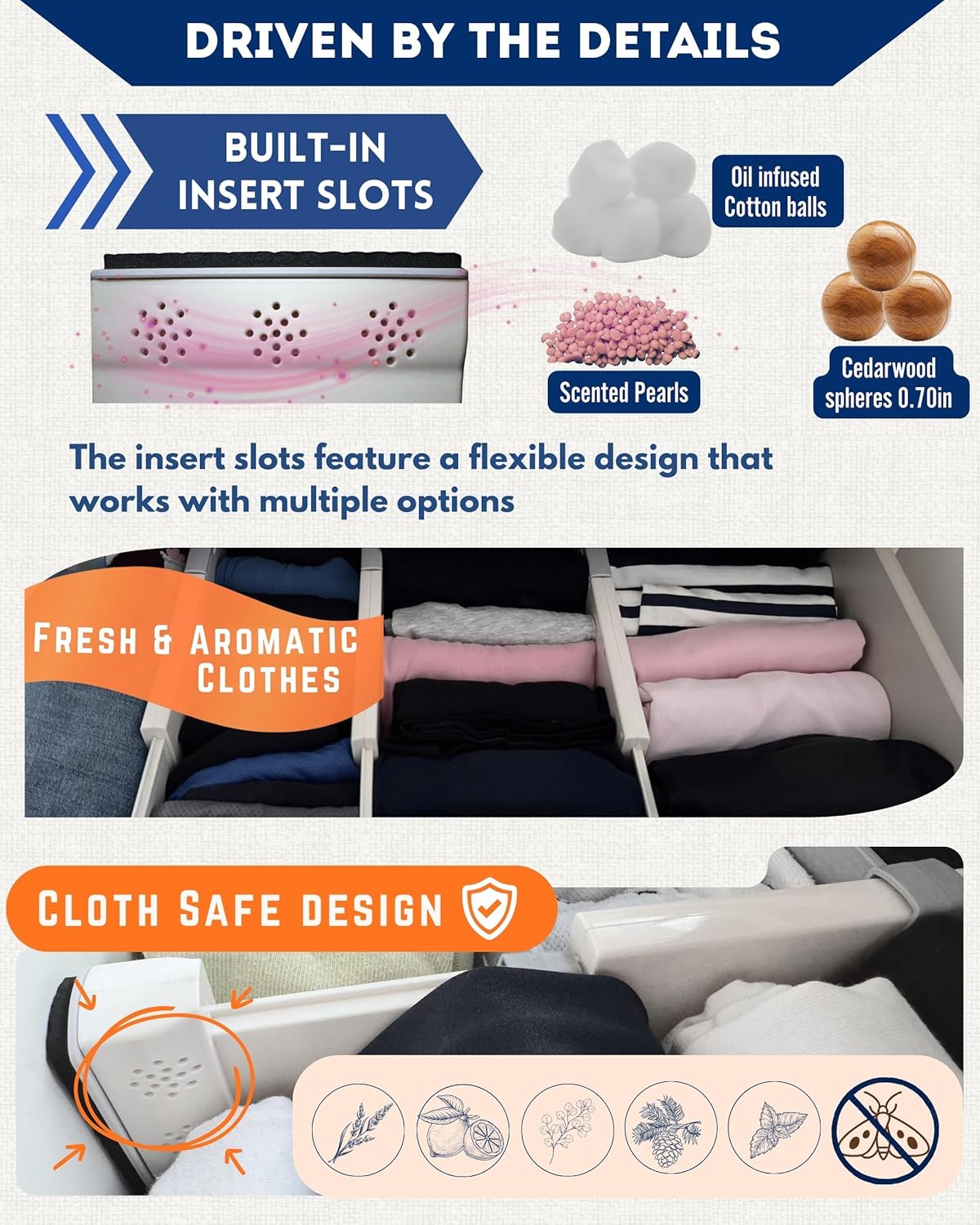 4 Pack Drawer Dividers for Clothes with Insert Slots 4" High, 13-20.4" and 4 Adjustable Hooks, Expandable Dresser Drawer Dividers and Organizer for Closet, Kitchen, Bathroom, Office