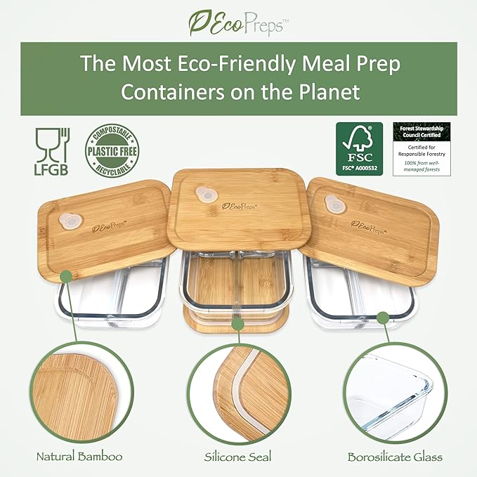 Glass Bento Box Containers with Bamboo Lids, 3 Compartment Glass Meal Prep Containers (3 Pack) - 100% Plastic Free, Eco-Friendly Lunch Container Set, Bamboo Lid Bento Boxes for Adults