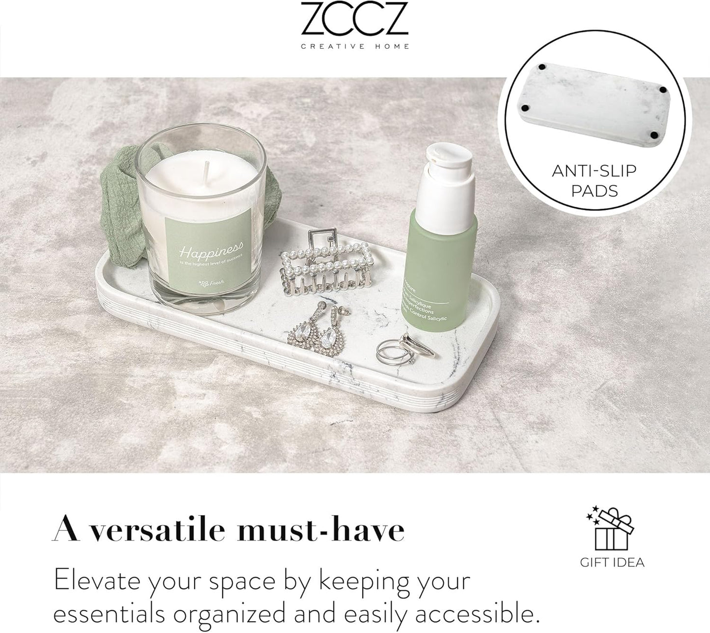 ZCCZ White Marble Bathroom Accessories Set 6 Pieces - Toothbrush Holder, Lotion Dispenser, Qtip Container, Vanity Tray, Tumbler - Countertop Organizer for Bathrooms - Elegant and Functional Décor Set