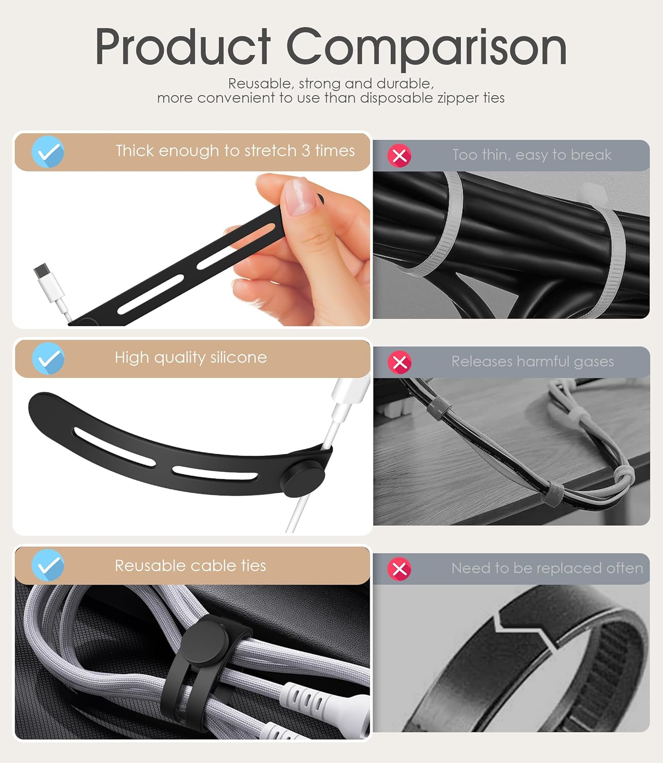 20Pcs Nearockle Reusable Cable Ties, Adjustable Silicone Cord Organizer Small Zip Ties for Charging Cords Earphone Computer Wire, Office Desk Cable Management Travel Accessories(Black)